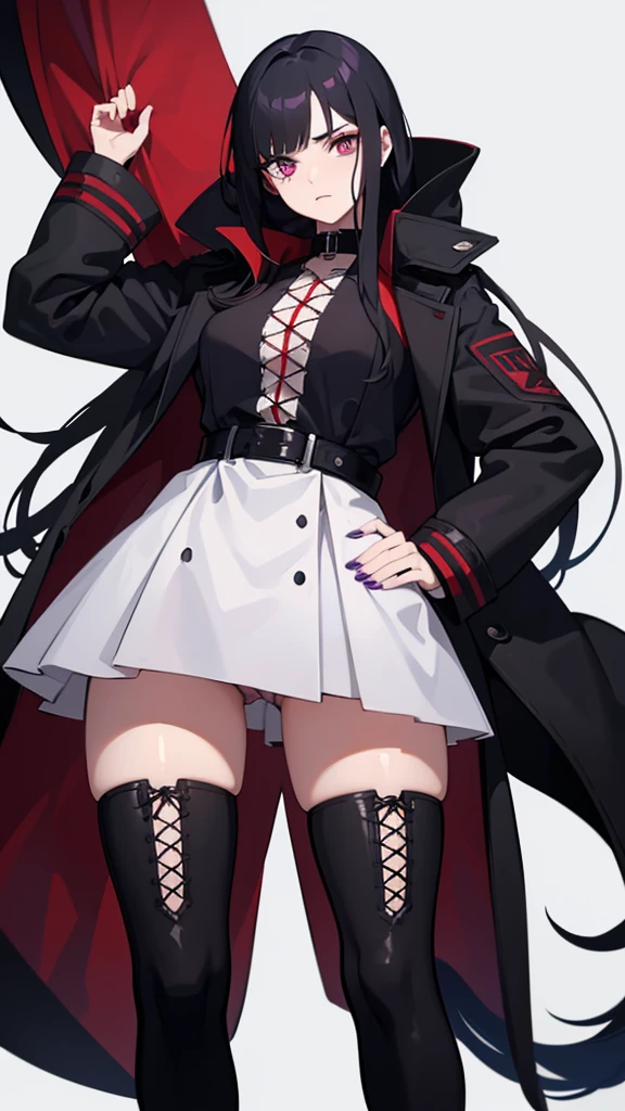 Young woman, 21 years old, full length, White background. Black hair with red tips. One eye is blue, Other purple (lens on one eye). Voice is slightly rough, hoarse after a cold. haughty expression on his face. long black coat, lace-up boots