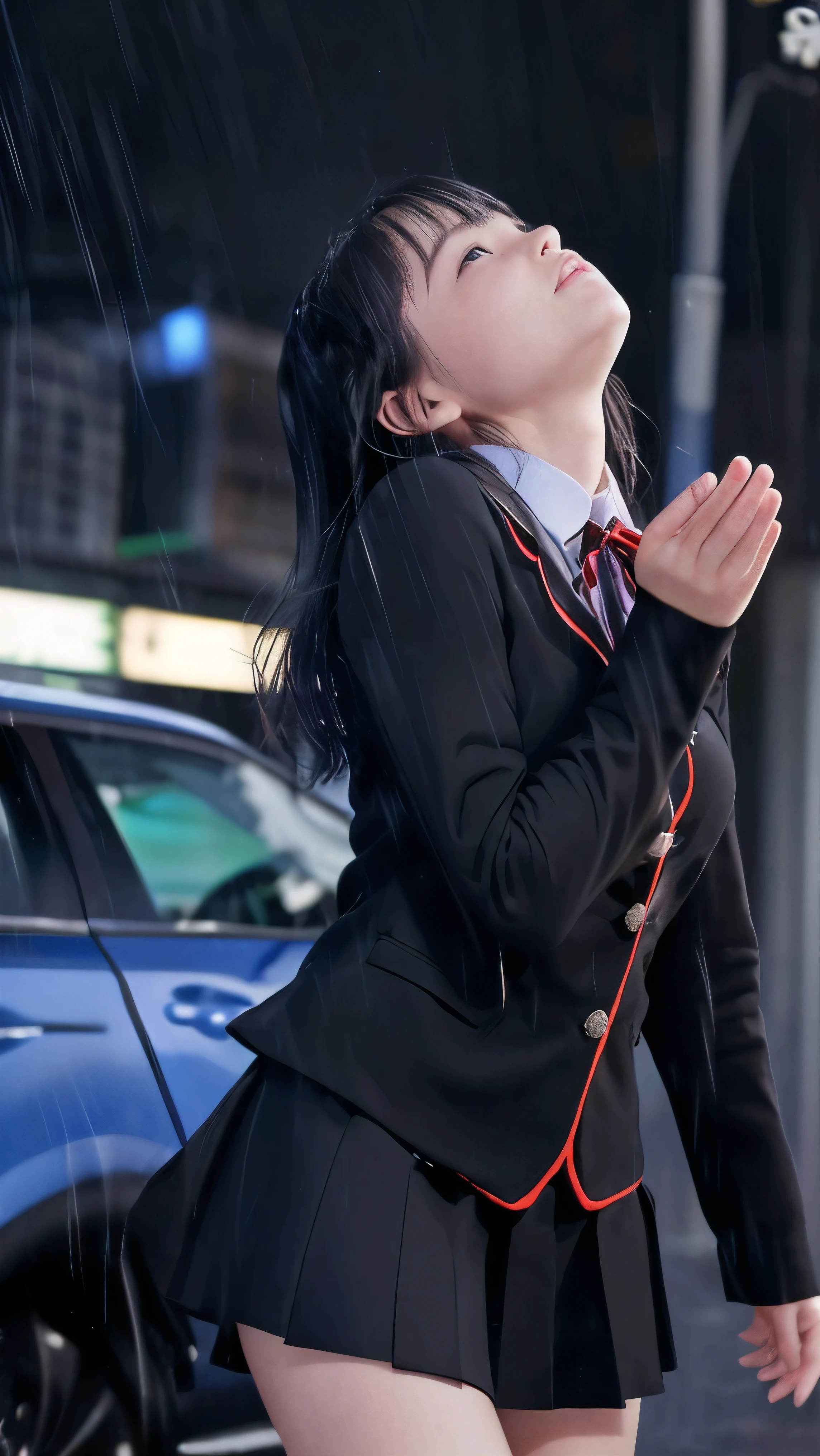 (Close up face shot of one slender small breasts two side up black medium hair bangs girl in long sleeves black school uniform:1.5)、(One girl is looking up the sky with crying face in the heavy rain midnight:1.5)、(Many car head lights are visible at skyscraper city landscape in midnight:1.5)、(8k ultra detailed master piece:1.5)、(perfect ???????:1.5)、(Photorealistic stick:1.5)、(Raw photo:1.3)、(highest quality:1.5)、(High resolution:1.3)、(Delicate and beautiful perfect face:1.3)、(Delicate and beautiful eye air skin:1.3)、(Real Human Skin:1.3)、((thin legs))