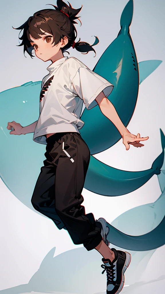 high boy ,fair skin, brown eyes, brown short hair, boy hairstyle,shark tail, has a small boy ponytail on the back, a mohawk, black long pants, black-gray sneakers, a gray sweatshirt with a white t-shirt and white laces