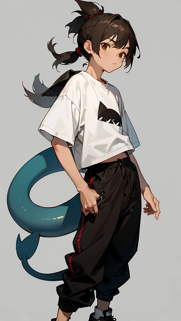 high boy ,fair skin, brown eyes, brown short hair, boy hairstyle,shark tail, has a small boy ponytail on the back, a mohawk, black long pants, black-gray sneakers, a gray sweatshirt with a white t-shirt and white laces