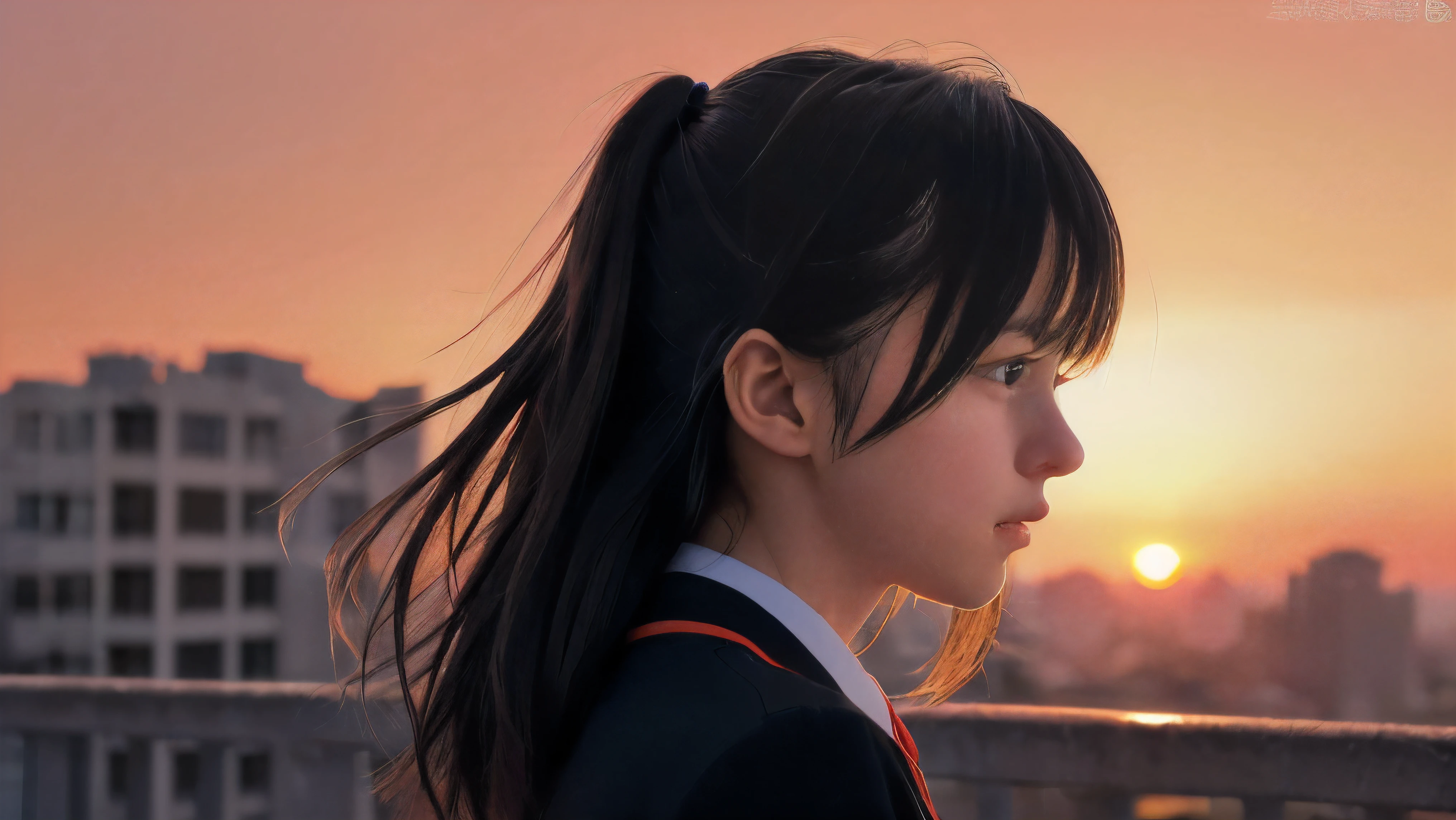 (Close up profile shot of one slender small breasts two side up black medium hair bangs girl with crying face in long sleeves black school uniform:1.5)、(One girl is looking at sunset red sky with her face is reflected sunset light and her hair is blowing in long sleeves black school uniform:1.5)、(Beautiful red sunset sky at skyscraper city landscape:1.5)、(8k ultra detailed master piece:1.5)、(perfect anatomy:1.5)、(Photorealistic stick:1.5)、(Raw photo:1.3)、(highest quality:1.5)、(High resolution:1.3)、(Delicate and beautiful perfect face:1.3)、(Delicate and beautiful eye air skin:1.3)、(Real Human Skin:1.3)、((thin legs))