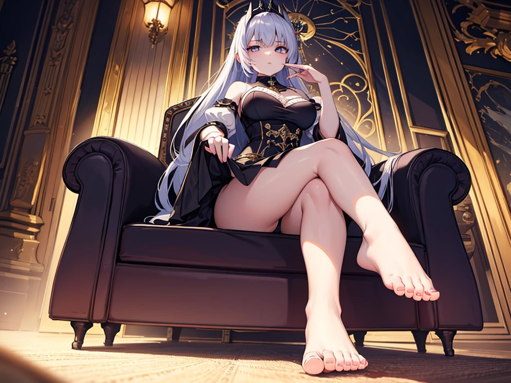 a haughty woman sits on an upholstered armchair, her posture exuding an air of unquestionable superiority. she stretches out one leg, leaving her bare foot exposed for all to see. a look of contempt, like that of a disdainful queen with icy indifference. her eyes convey a clear message: she knows she reigns at the top of the social hierarchy and demands recognition of her greatness. in the low-angle foreground, the foot with its 5 toes is offered with admiration mixed with desire and devotion. Foot fetishism takes on an almost sacred dimension in her presence. Her foot, displayed as an object of supreme desire, becomes a symbol of power and domination. In this haughty posture, she embodies the very essence of power and domination, reigning as uncontested mistress over her realm of desires and fantasies, offering her foot as an object of veneration and submission. And thanks to the low-angle effect, the view of the haughty woman's feet further accentuates her imposing domination and disdainful attitude, intensifying the contrast between her perceived grandeur and those who gaze at her with respect and fascination.