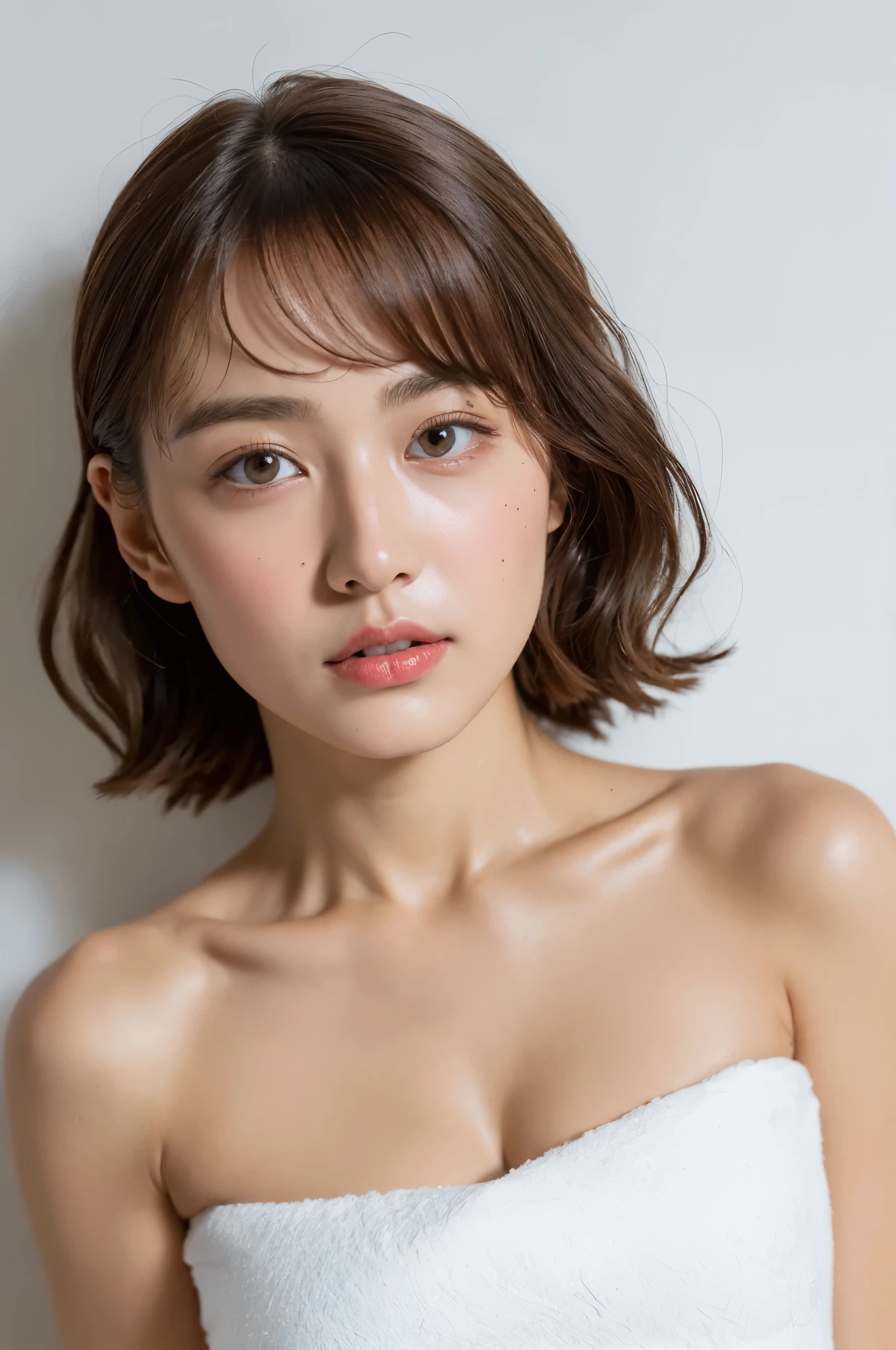 ((Highest quality, 8k, masterpiece :1.3)), One girl, Beautiful woman with slim abdominal muscles :1.3, (Random Hairstyles, Huge breasts :1.2), Wrapped in a bath towel :1.2, Highly detailed face, Fine grain, double eyelid、Japanese women