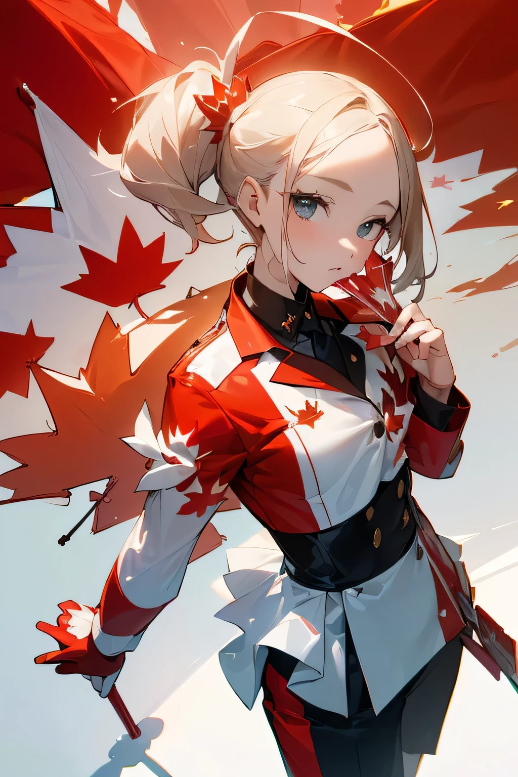 (((Canadian flag themed outfit:1.3))),(((Woman in men's clothing:1.3))),(Maple Leaf Flag),(masterpiece,Highest quality,Ultra-high resolution output images,Write boundary depth,Intricate details,Adding dimension to your subject with the contrast of light and shadow,Anatomically correct facial structure),(Picture Mode Ultra HD,)