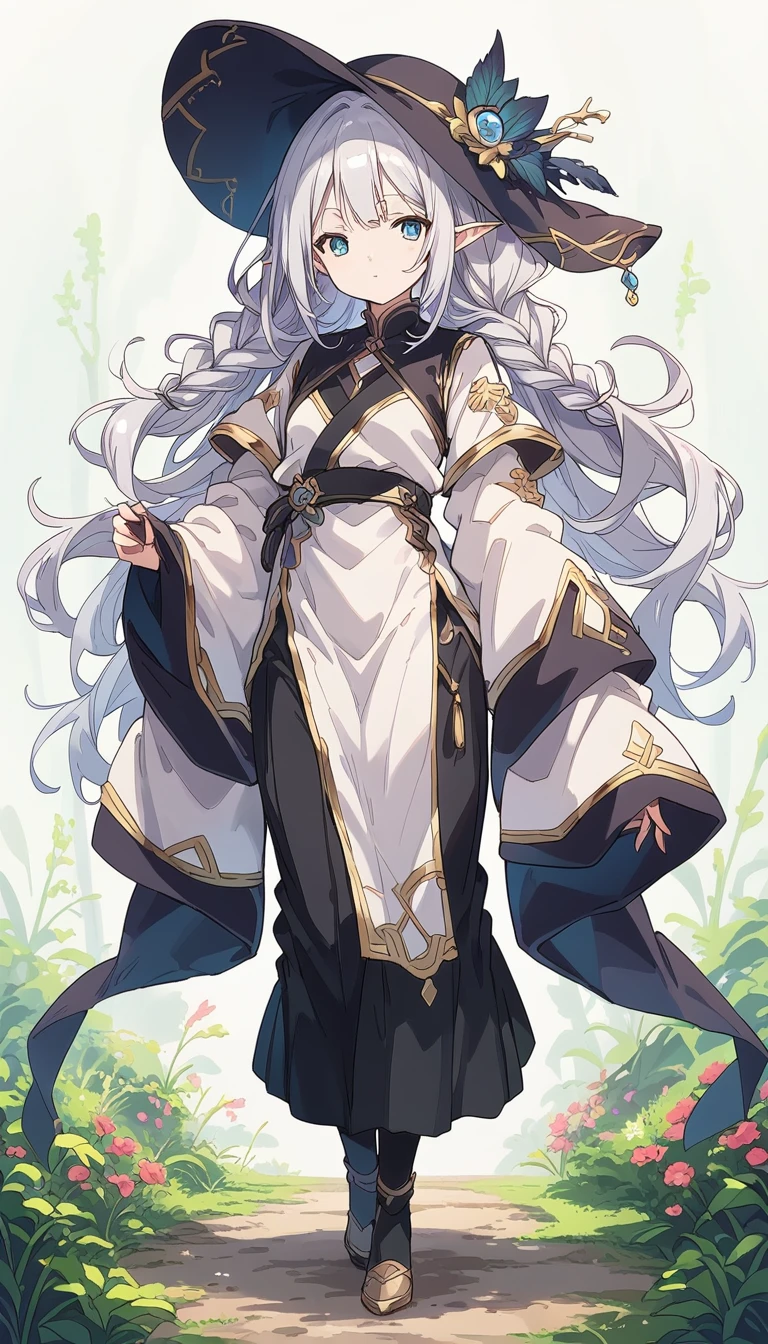 score_9, score_8_up, score_7_up, source_anime, full body, Dark Elf, Female, beautiful, cute, black skin, (Tall height:1.3), Small Breasts, Long Braids, Silver Hair, Pointed Hat, Robe, simple background