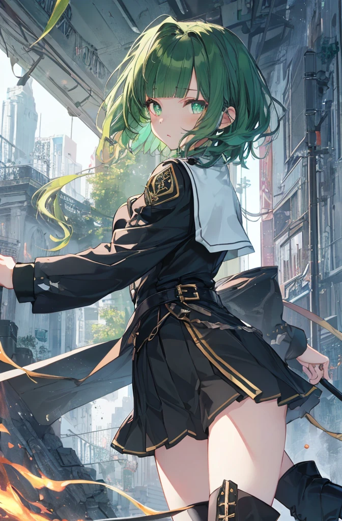 [(with a cathedral background:1.4)::5],original,(shape:1.1),(highest quality),(Tabletop:1.1),(Highly detailed CG Unity 8k wallpaper:1.1), (colorful:0.9),(Mid Shot:0.95),(very detailed beautiful whole body),Dynamic Angle,(alone:1.2), (girl),(((Adult))), (Beautiful eyes in every detail:1.15), (Beautiful Face:1.15), (Glowing green eyes:1.25////),(Gemstone Eyes),(Green Short Hair),(Blunt bangs),((The girl wear a black knight uniform)),Realistic,, girl,Green Hair,((Black long boots)), Black mini skirt,Black knee socks(rage),(Contempt and contempt),rage,(beautiful slender girl),((Adult)),((whole body)),Valkyrie, Decorations,((Thin legs)),((slender girl)),Front Angle,Front Angle,