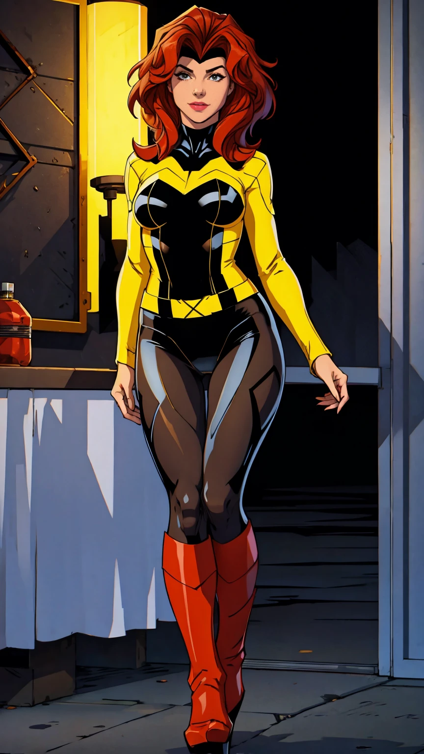 Shoot the subject in a large size, Dark blank background, Science fiction worldview, cyber punk, (1girl:1.5), (Brown plain latex bodysuit:1.5), (Cowboy Shot:1.3), (flat chest, Waistline:1.3), (Thick thighs:1.3), (Sit on the stairs with your legs apart, Show off your armpits, Camel Toe:1.3), (Brown Hair, Short low twin tail), laughing