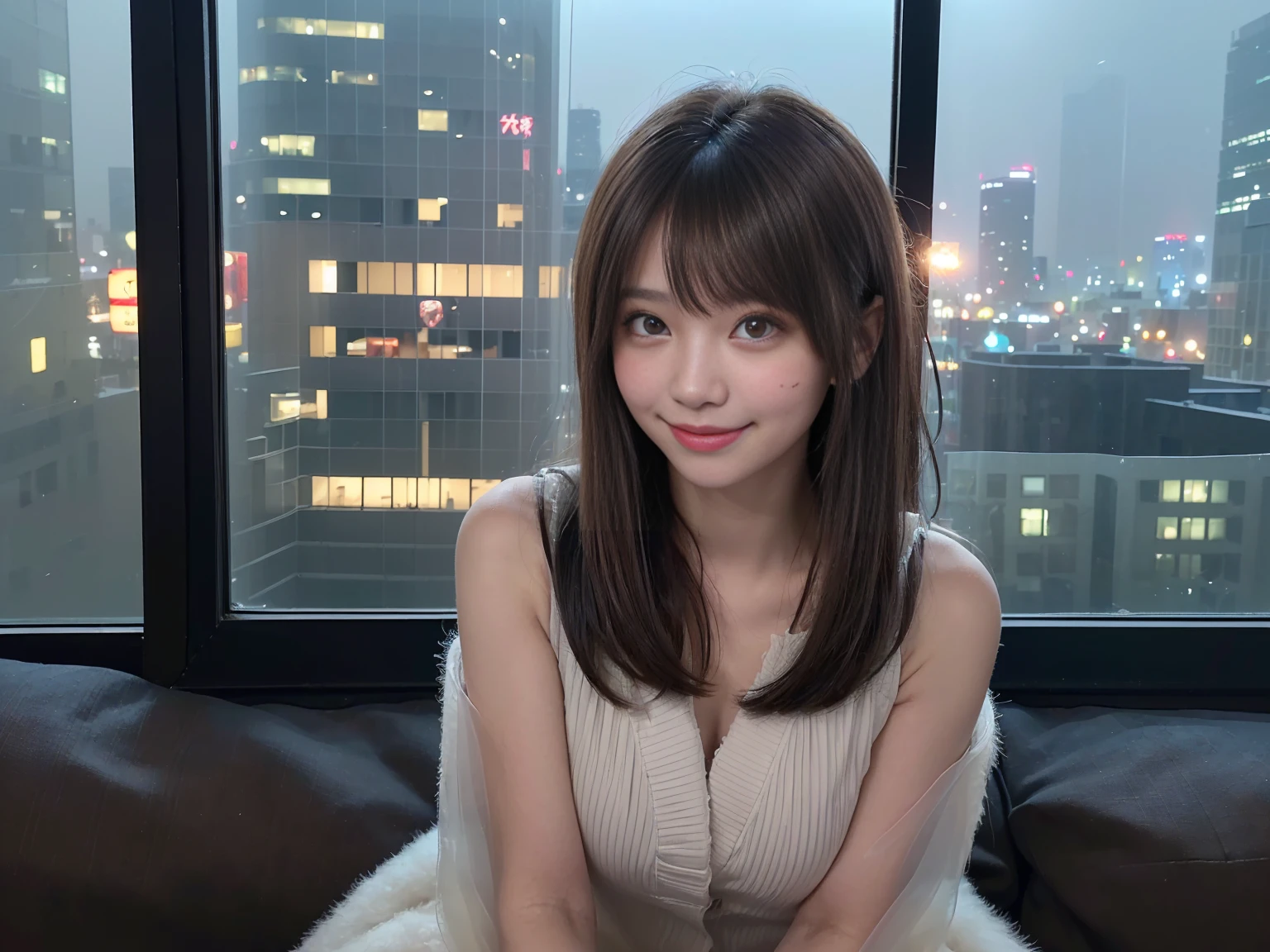 Highest quality, 8k, Tabletop, Realistic, Realistic, , (窓からはLate Nightの大都会の夜景、)、 Detailed face, Beautiful Face, , Beautiful woman,((Gray detailed eyes、Translucent skin texture、A shy smile、Fluffy hair、Light Brown Hair、Big city view from the window、Shaggy Cut、Floating Hair、、Cute Japanese Idols:1.4)). (、short hair、Floating Hair、Parted bangs、Bedroom、Sit on the bed、suit、Place your hands on your feet、Late Night、indirect lighting、Looking into the camera:1.2))