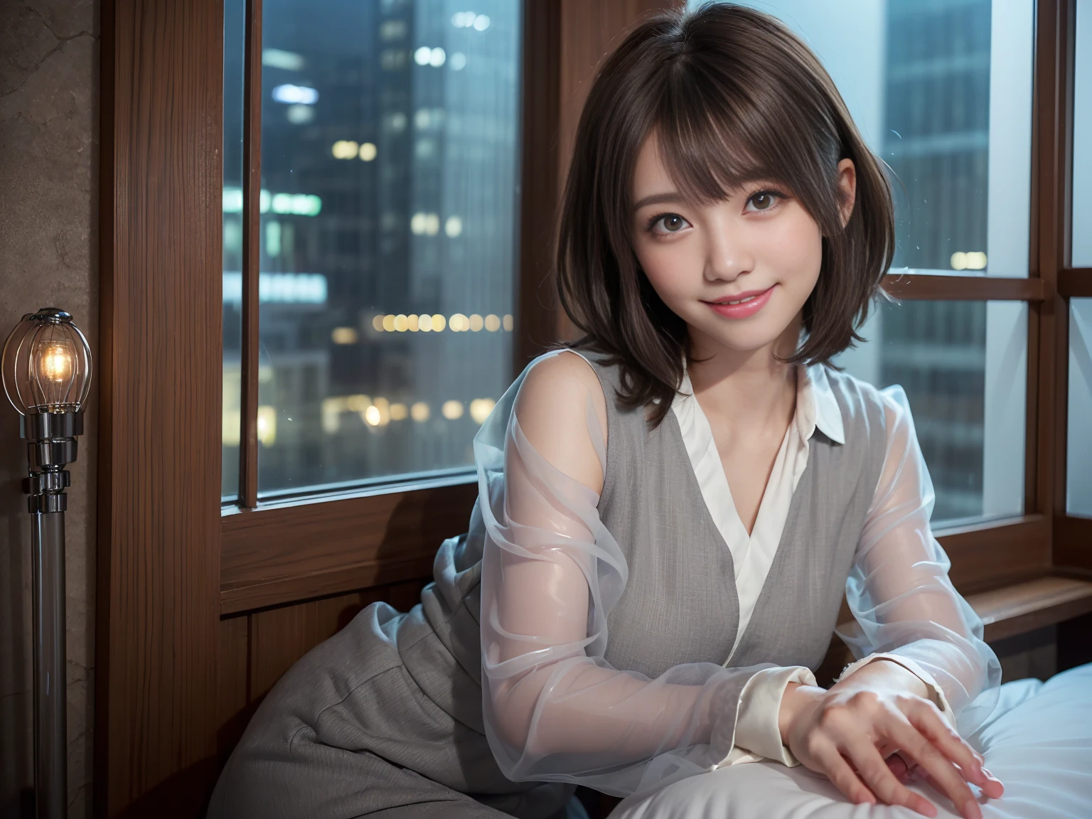 Highest quality, 8k, Tabletop, Realistic, Realistic, , (窓からはLate Nightの大都会の夜景、)、 Detailed face, Beautiful Face, , Beautiful woman,((Gray detailed eyes、Translucent skin texture、A shy smile、Fluffy hair、Light Brown Hair、Big city view from the window、Shaggy Cut、Floating Hair、、Cute Japanese Idols:1.4)). (、short hair、Floating Hair、Parted bangs、Bedroom、Sit on the bed、suit、Place your hands on your feet、Late Night、indirect lighting、Looking into the camera:1.2))