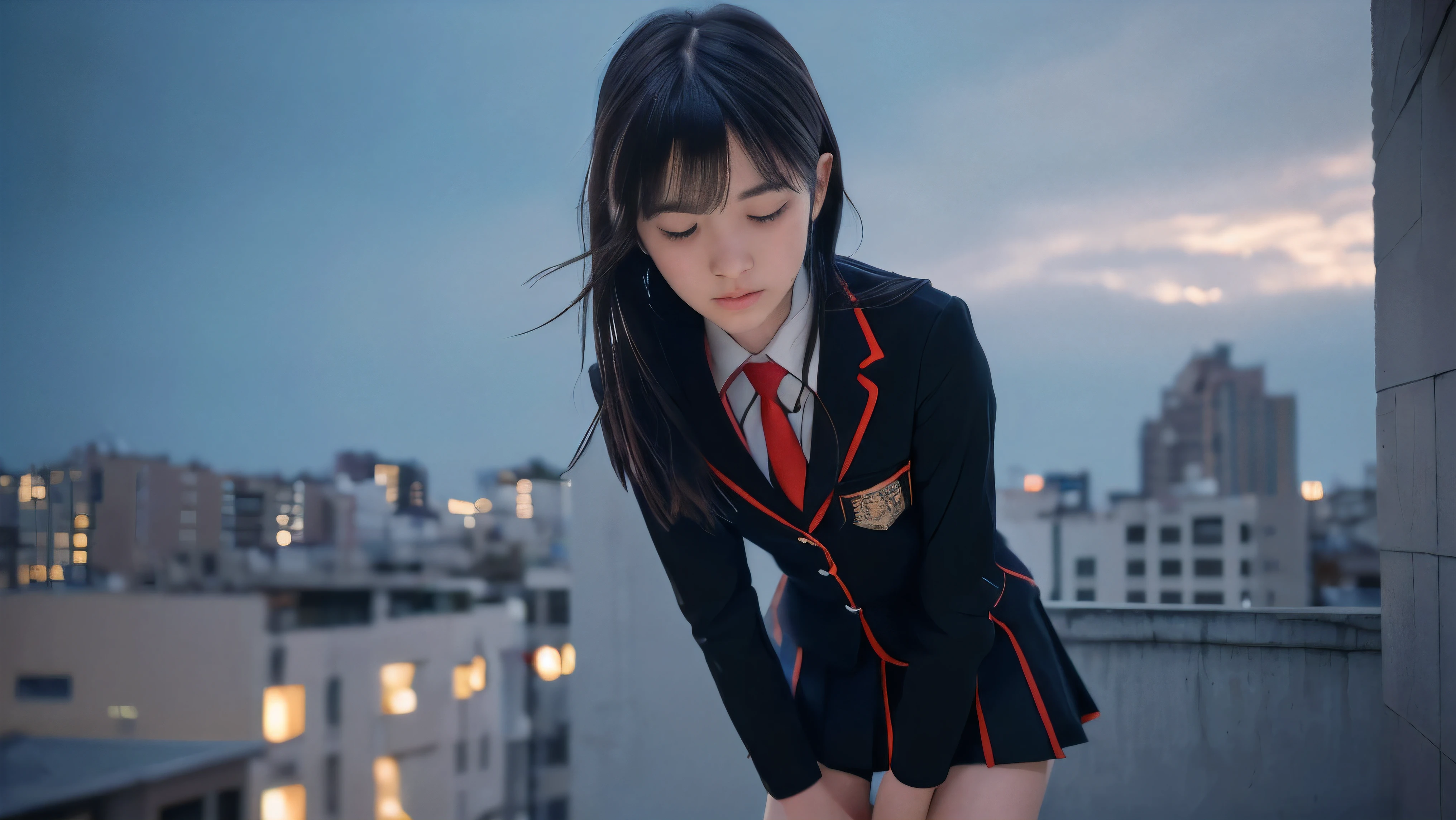 (Close up face shot of one slender small breasts two side up black medium hair bangs girl in long sleeves black school uniform:1.5)、(One girl is face down with crying face from the rooftop of the building and her hair is blowing by the winds at midnight:1.5)、(Big city landscape at midnight:1.5)、(8k ultra detailed master piece:1.5)、(perfect anatomy:1.5)、(Photorealistic stick:1.5)、(Raw photo:1.3)、(highest quality:1.5)、(High resolution:1.3)、(Delicate and beautiful perfect face:1.3)、(Delicate and beautiful eye air skin:1.3)、(Real Human Skin:1.3)、((thin legs))