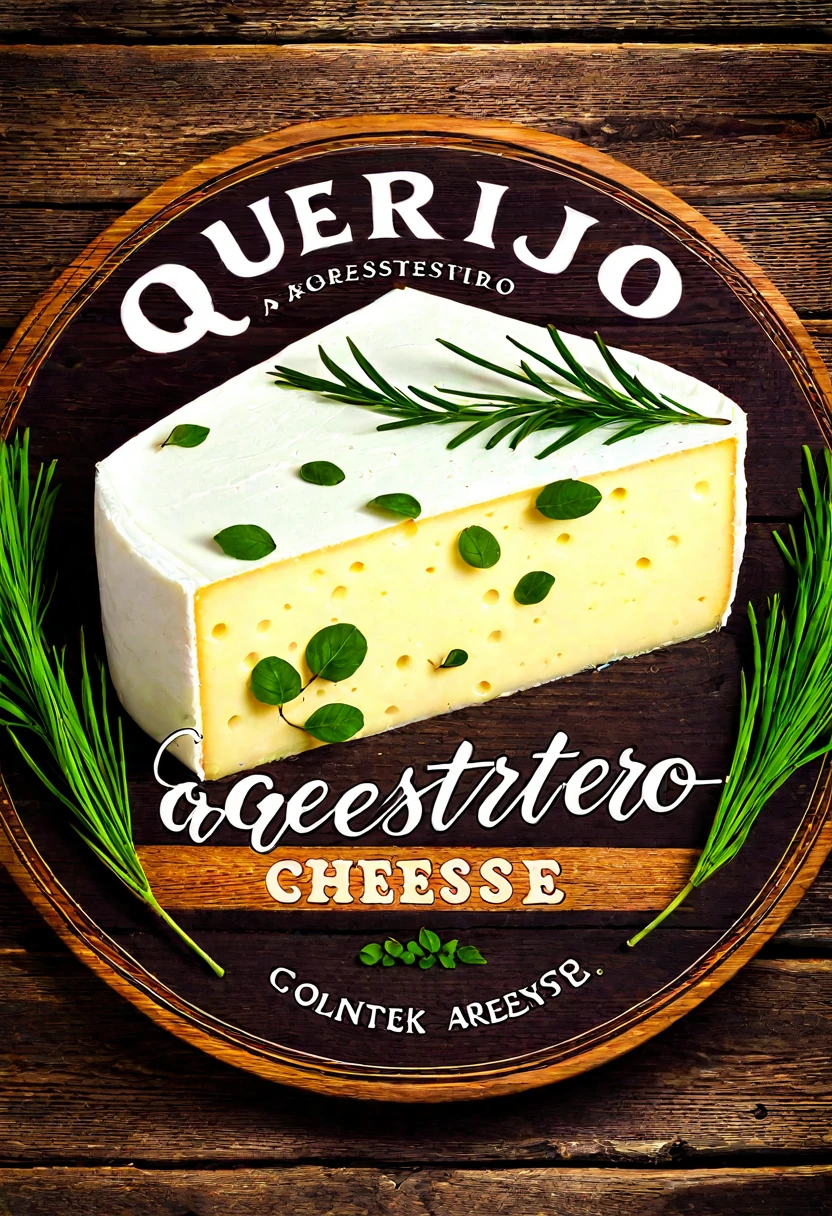 CHEESE WITH ROSECRIN LEAVES ON THE SIDE , A RUSTIC BOARD BELOW THE CHEESE AND THE NAME WITH THE TITLE OF : AGRESTEIRO.