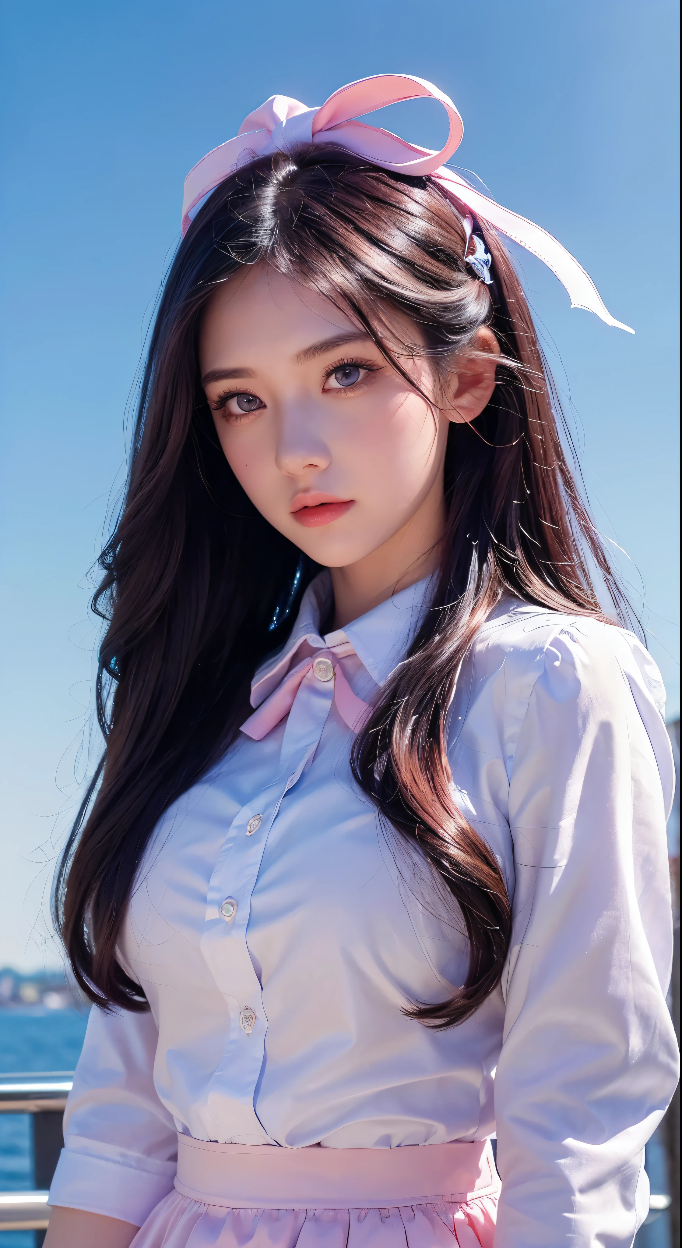 (detailed beautiful eyes and detailed face, masterpiece side light, masterpiece, best quality, detailed, high resolution illustration), (1 girl, beautiful girl, shiny skin, looking down, looking at viewer), ( Sky blue long hair, pink eyes, skirt, ribbon, button-down shirt) 45 degrees, top view,  sideways, (hand detail)