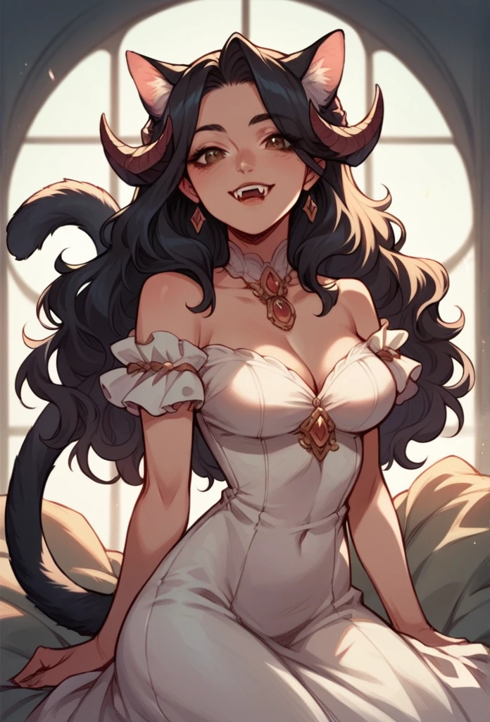 A beautiful woman, long wavy black hair, brown eyes, cat ears and tail, fangs, beautiful dress, horns, halfbody