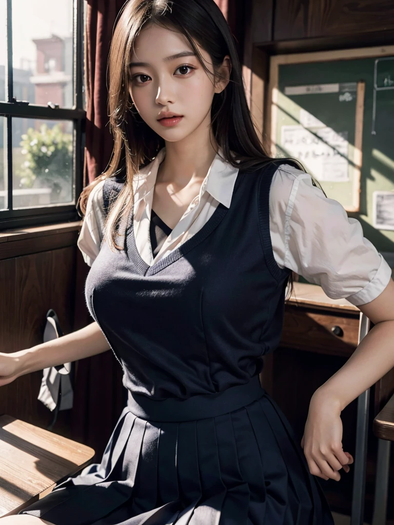 absurdres, RAW photo, extremely delicate and beautiful, masterpiece, Best Quality, ultra high resolution, 32k, hyperrealistic, ultra-detailed, big tits, whole body shot, (school_uniform:1.2),