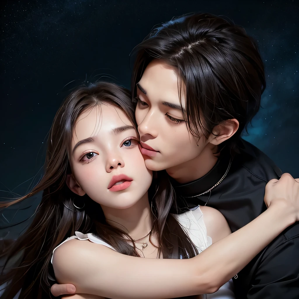A boy hugging a Girl and kissing her on her right neck