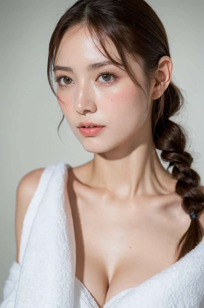 ((Highest quality, 8k, masterpiece :1.3)), One girl, Beautiful woman with slim abdominal muscles :1.3, (Random Hairstyles, Huge breasts :1.2), Bath towel wrapped around upper body :1.2, Highly detailed face, Fine grain, double eyelid、Japanese women