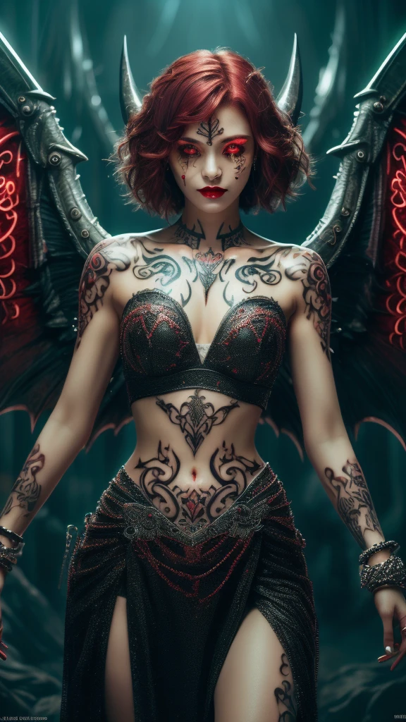 Cute Japanese woman, (16 years old), (Very cute face: 1.3), Red lips, White moist skin, Melancholic expression,
BREAK,
(Beautiful belly button), (White skin),
BREAK,
Female superior ancient strigoi vampire, Horror, Angel wings, Black wings, Red jewelry, (Big wings: 1.4), Satan, Hellfire, Full body, Devil, (Flame: 1.2), (Rhinestones),
BREAK,
(Short hair), (Bangs: 1.2), (Red hair: 1.3), (Wavy hair),
BREAK,
(Facial tattoo: 1.4), (Facial rhinestones: 1.1),
BREAK,
Masterpiece, Perfect lighting, Ultra high resolution, 8K, (Very detailed: 1.4), (From the front), Looking at the camera, (Full body),
BREAK,
(Neon lights: 1.2),