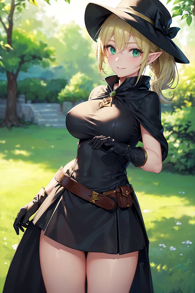 (((masterpiece; best quality: 1.2))), (finely detailed eyes: 1.3), (25 year old elf woman), (solo), (green eyes: 1.4), (body; big breasts, fit, femenine: 1.3), (silky blonde hair in low ponytail: 1.3), (beautiful and clear background: 1.2), ((depth of field)), (equipment: adventurer garb + modest + elegant wide-brim hat + dark blouse + dark cape + black long skirt + gloves + belt + pouches: 1.3), (anime illustration: 1.2), (background composition; royal garden: 1.1), (extremely fine and beautiful: 1.1), (shot composition; standing + centered on torso + close-up: 1.5), (expression; calm, smile: 1.2)