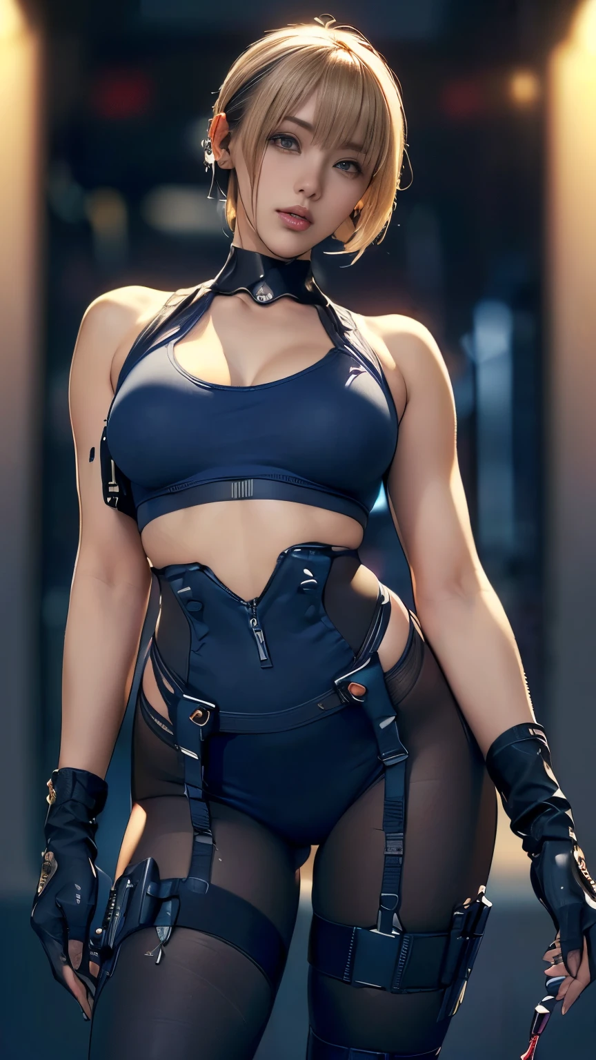 (A woman),(((A female member of the Future Force rides a motorcycle))),((Navy blue tactical tights:1.5)),((earphone:1.5)),((Tactical Holster:1.5)),(Gloves:1.5),(Serious:1.5),(Super short hair:1.5),(Blonde:1.5),(beautiful eyes:1.3),(Very detailedな顔:1.5),((Very detailedな女性の手の描画:1.5)),((muscular:1.5)),(Sexy appearance:1.5),((Thick thighs:1.5)),(Beautiful Body:1.5),((Very sensual:1.5)),(Background is hanger:1.5),(Cyberpunk atmosphere:1.5),(((Blurred Background:1.5))),(Written border depth:1.5),rest(((masterpiece:1.5),(best quality:1.5),(Very detailed:1.5),(high resolution:1.5),(Practical:1.5),(Practical:1.5),(Delicate depiction),(Carefully drawn))),8K,wallpaper