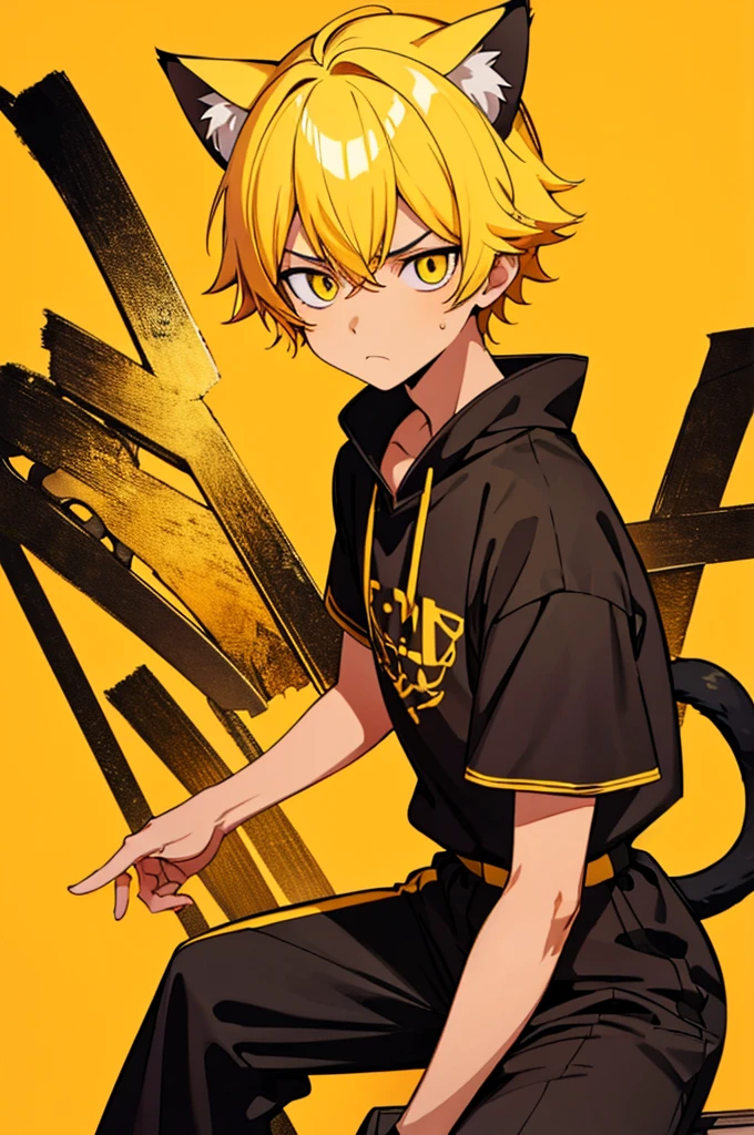 masterpiece, top-quality, 1boy, unamused expression, looking at the camera, yellow hair, cat ears, cat tail, tan skin, medium length hair, black and yellow outfit, yellow background
