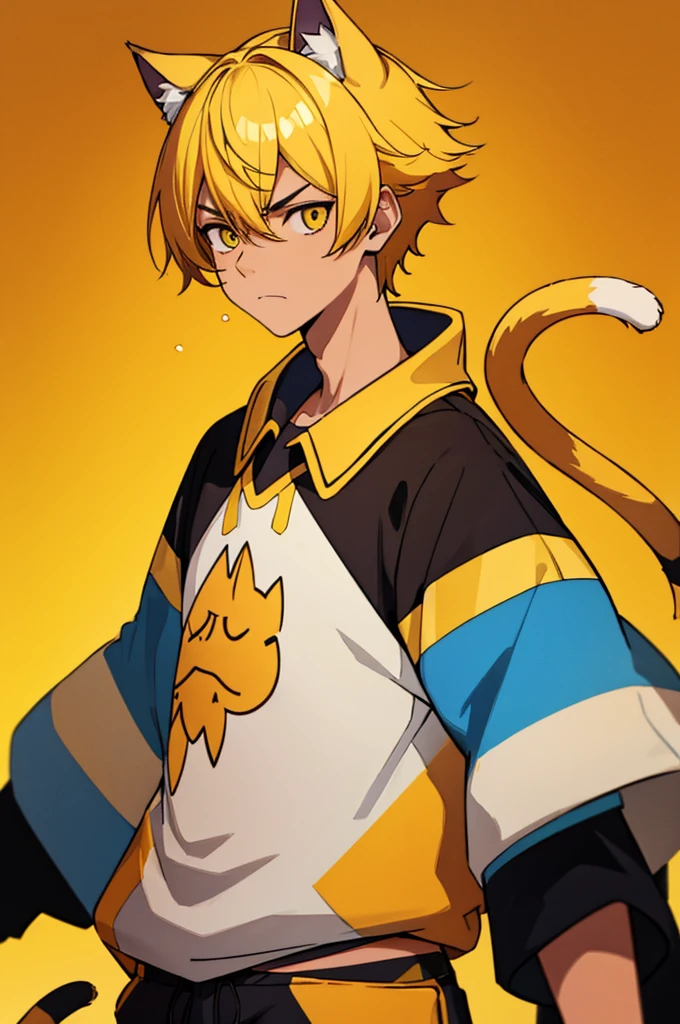 masterpiece, top-quality, 1boy, unamused expression, looking at the camera, yellow hair, cat ears, cat tail, tan skin, medium length hair, black and yellow outfit, yellow background