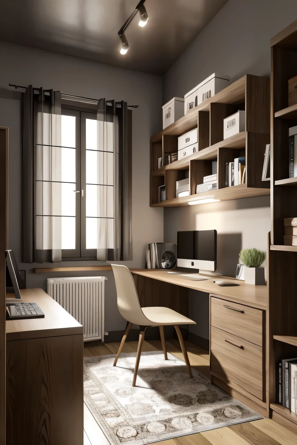 Create a work office, com tons marrons , yellowish lights , in a half medieval and half modern theme as well , for an apartment in a small room, a little more sophisticated, and with slightly darker tones