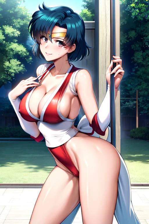 masterpiece, best quality, beautiful art, high resolution, well formed hands, body and fingers, 1 woman, solo, Sailor Moon, elbow gloves, sailor collar, sailor senshi uniform, blue makeup ,adult, grown up, cosplaying as Mai Shiranui , mai_shiranui_cosplay, adult, large and round breasted, cleavage, full body , hair ribbon, gorgeous legs and, thighs, sexy Japanese clothes, hair ornament , sexy legs , hips and thighs, dancing seductively and erotically, turning backwards and forwards, showing her back and front, showing her butt, red t back thong, smiling joyfully, sweating ,looking at the viewer, bouncing breasts, sweating, flirting, biting her lips, beach environment