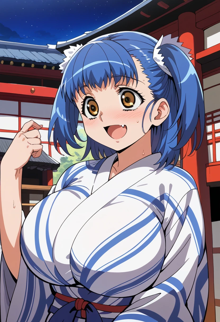 (tile(gravion),huge breasts,blue hair,yerrow eyes,twintail,two side up),(yukata、Night view、firework、Japanese Summer Festivals、shrine,sweat),blush,smile,open mouth,fang