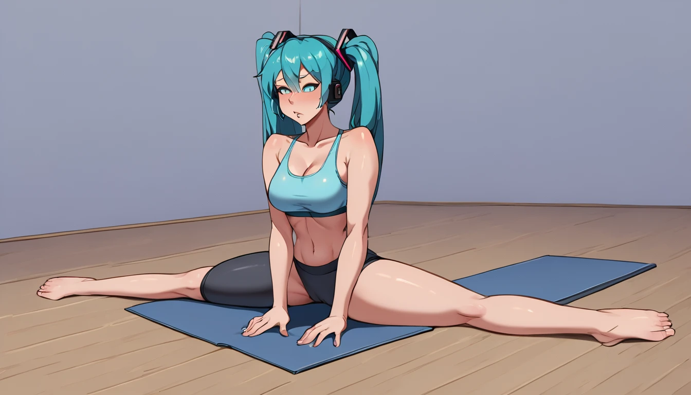 Hatsune_Miku, sports bra, mini Sweatpants, One girl, Sitting, On the floor, Split Horizon, stretch, horizontal splits, stretch regs, hands on floor, yoga mat