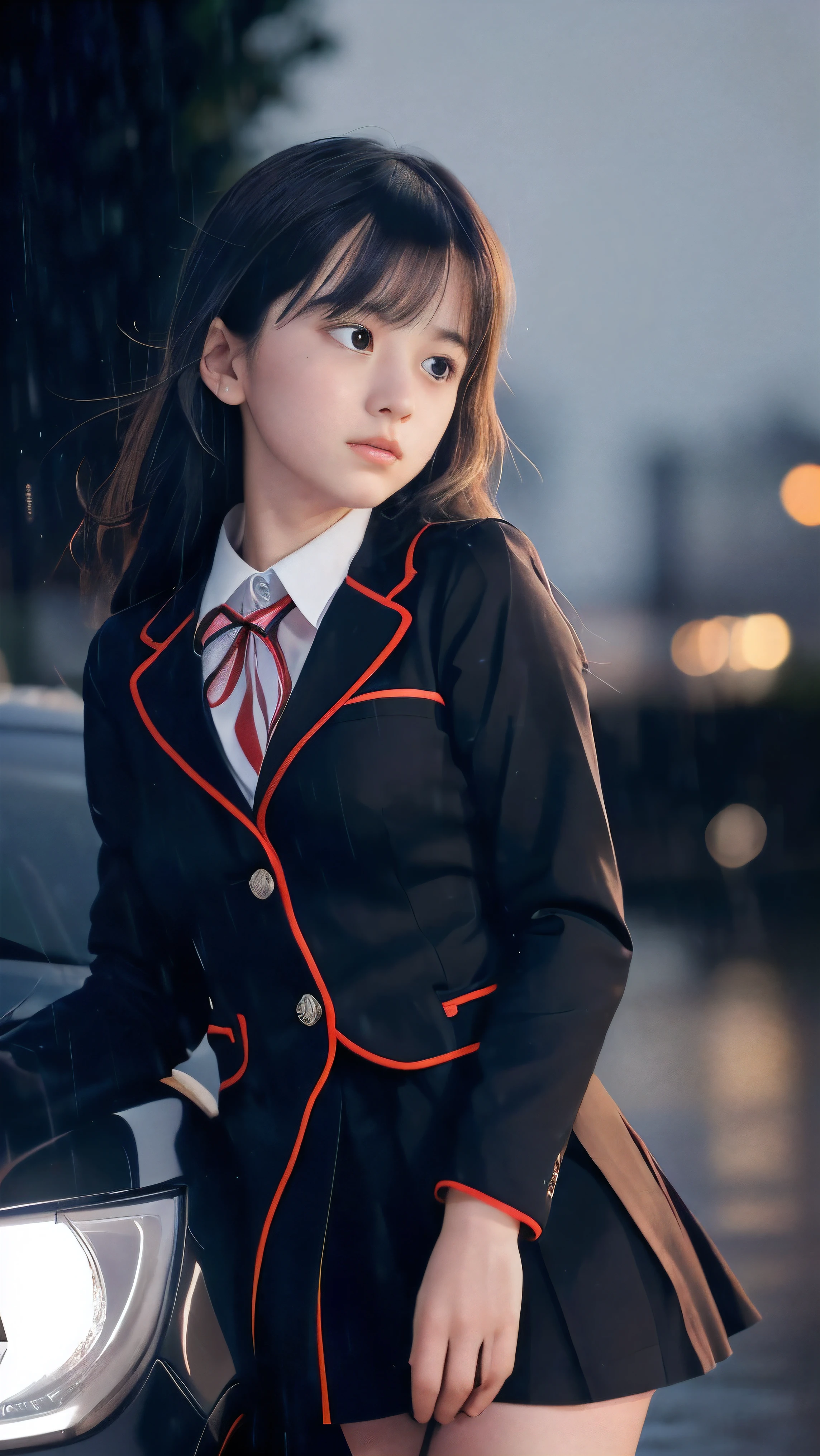 (Close up face shot of one slender small breasts two side up black medium hair bangs girl in long sleeves black school uniform:1.5)、(One girl is looking up the sky with crying face in the heavy rain midnight:1.5)、(Many car head lights are visible at skyscraper city landscape in midnight:1.5)、(8k ultra detailed master piece:1.5)、(perfect anatomy:1.5)、(Photorealistic stick:1.5)、(Raw photo:1.3)、(highest quality:1.5)、(High resolution:1.3)、(Delicate and beautiful perfect face:1.3)、(Delicate and beautiful eye air skin:1.3)、(Real Human Skin:1.3)、((thin legs))