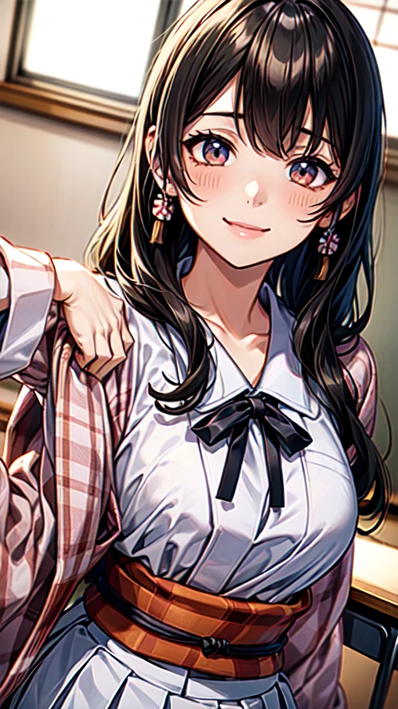 very cute and beautiful girl,(Very detailed美しい顔),(((A very cute face like a top Japanese idol)))、White blouse,ribbon,(Pleated check mini skirt),
Black Hair,Wooden classroom,
(Highest quality,masterpiece:1.0),Absurd,High resolution,Very detailed,Detailed Background,Composition from the front,Semi-long hair、(((looking at the camera)))、(((upper body shot)))、smile