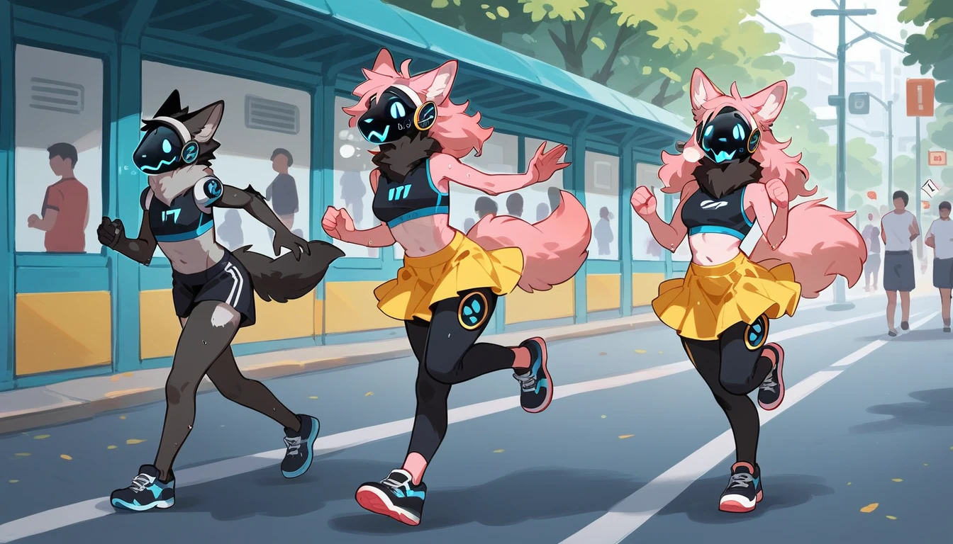 (NSFW), protogen, protogen face, huge fluffy hair, hair hangs over visor, fit girly try body, medium breasts, light pink with blue and black fur body, perfect anatomy, black sports bra, wearing a short torn yellow skirt, black scarf covering the neck, running, surprised, open mouth, worried, shocked eyes, sweating, crying, visible breath, public park background, people surrounding, high detail fur, full body,