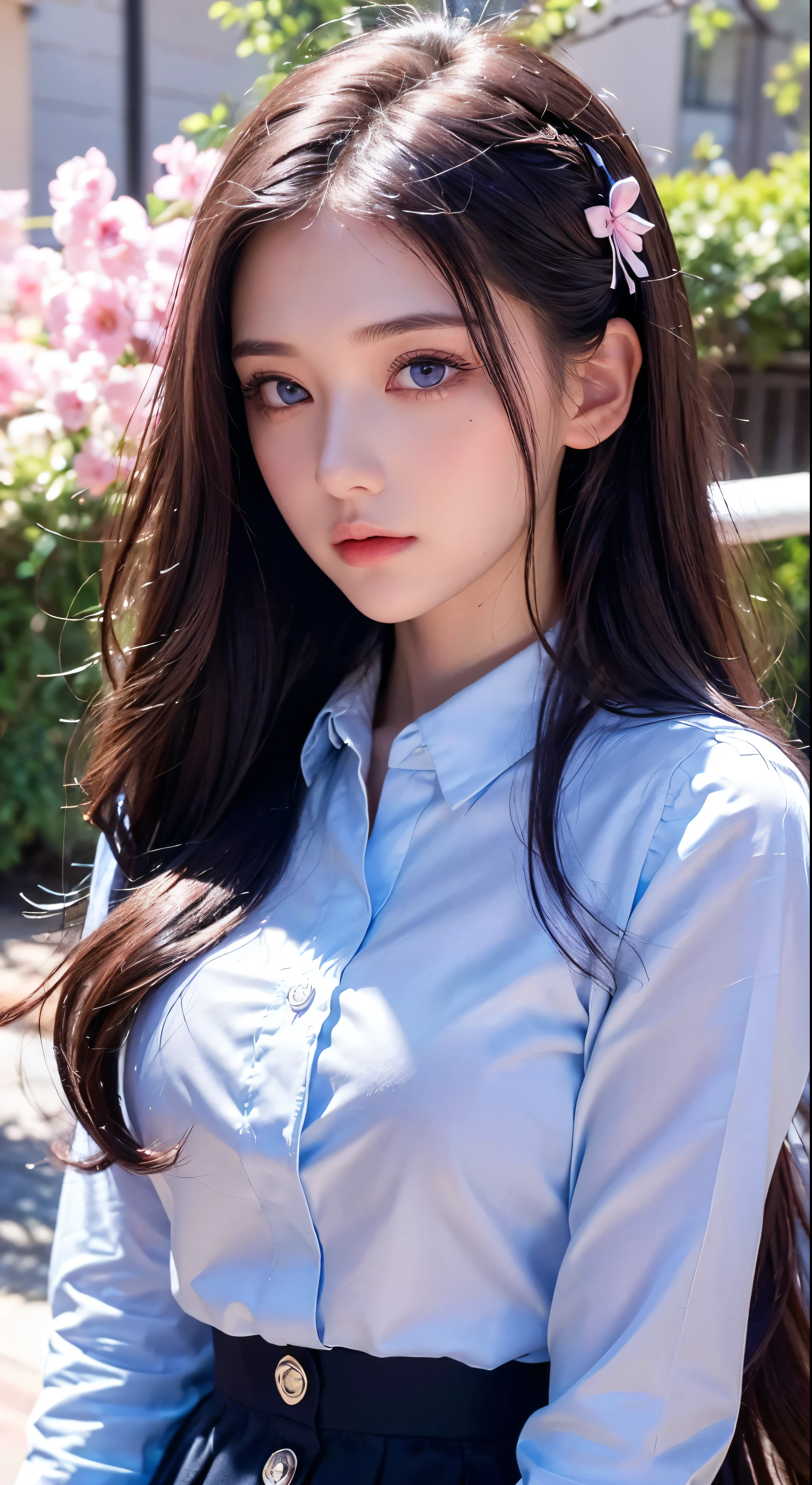 (detailed beautiful eyes and detailed face, masterpiece side light, masterpiece, best quality, detailed, high resolution illustration), (1 girl, beautiful girl, shiny skin, looking down, looking at viewer), ( Sky blue long hair, pink eyes, skirt, ribbon, button-down shirt) 45 degrees, top view,  sideways, (hand detail)
