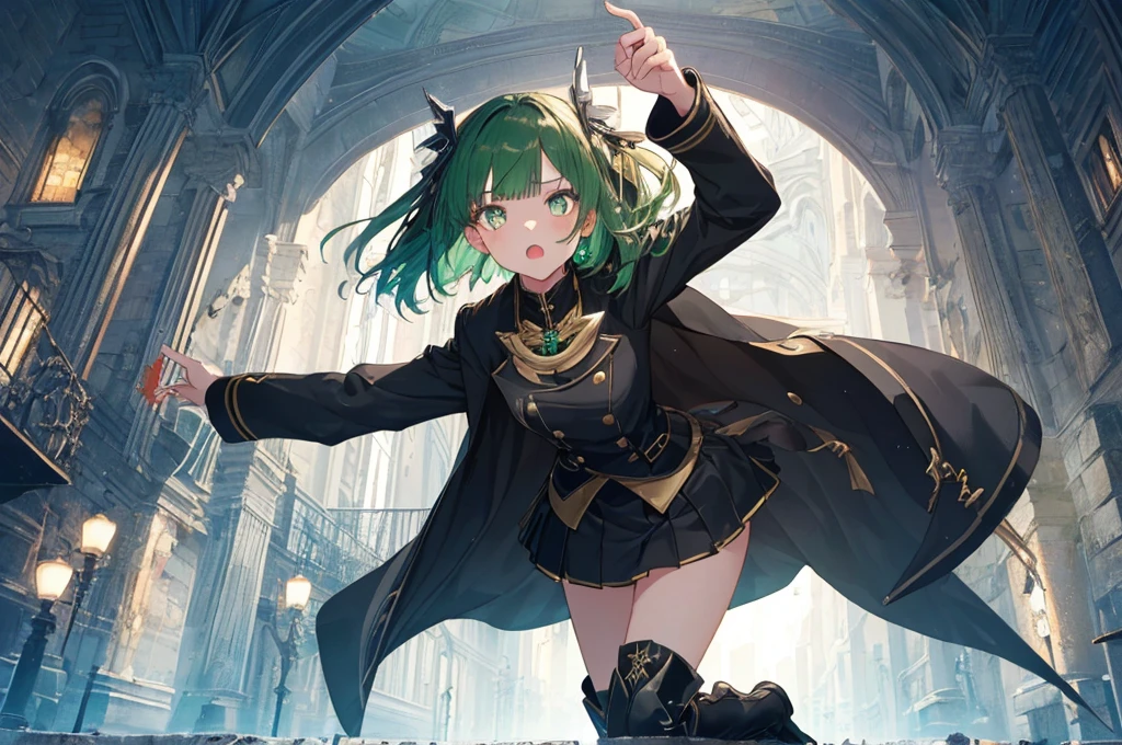 [(with a cathedral background:1.4)::5],original,(shape:1.1),(highest quality),(Tabletop:1.1),(Highly detailed CG Unity 8k wallpaper:1.1), (colorful:0.9),(Mid Shot:0.95),(very detailed beautiful whole body),Dynamic Angle,(alone:1.2), (girl),(((Adult))), (Beautiful eyes in every detail:1.15), (Beautiful Face:1.15), (Glowing green eyes:1.25////),(Gemstone Eyes),(Green Short Hair),(Blunt bangs),((The girl wear a black knight uniform)),Realistic,, girl,Green Hair,((Black long boots)), Black mini skirt,Black knee socks(rage),(Contempt and contempt),rage,(beautiful slender girl),((Adult)),((whole body)),Valkyrie, Decorations,((Thin legs)),((slender girl)),Front Angle,Front Angle,