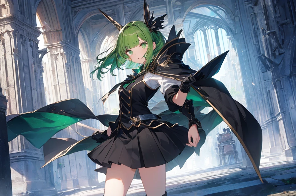 [(with a cathedral background:1.4)::5],original,(shape:1.1),(highest quality),(Tabletop:1.1),(Highly detailed CG Unity 8k wallpaper:1.1), (colorful:0.9),(Mid Shot:0.95),(very detailed beautiful whole body),Dynamic Angle,(alone:1.2), (girl),(((Adult))), (Beautiful eyes in every detail:1.15), (Beautiful Face:1.15), (Glowing green eyes:1.25////),(Gemstone Eyes),(Green Short Hair),(Blunt bangs),((The girl wear a black knight uniform)),Realistic,, girl,Green Hair,((Black long boots)), Black mini skirt,Black knee socks(rage),(Contempt and contempt),rage,(beautiful slender girl),((Adult)),((whole body)),Valkyrie, Decorations,((Thin legs)),((slender girl)),Front Angle,Front Angle,