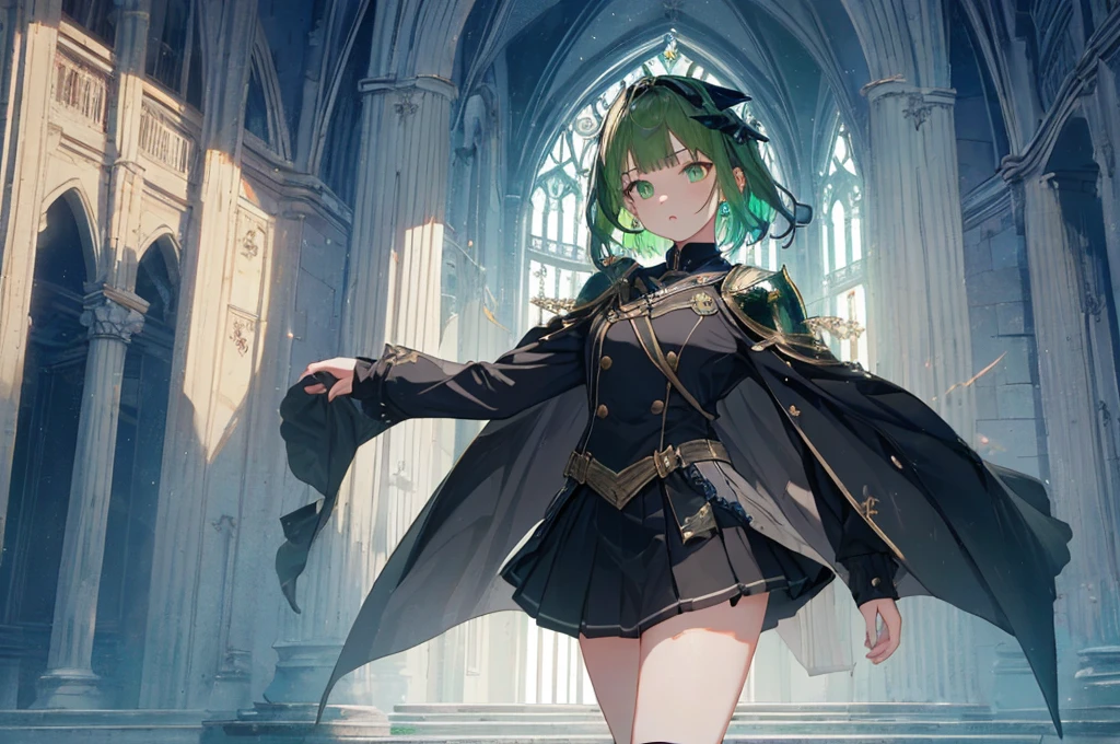 [(with a cathedral background:1.4)::5],original,(shape:1.1),(highest quality),(Tabletop:1.1),(Highly detailed CG Unity 8k wallpaper:1.1), (colorful:0.9),(Mid Shot:0.95),(very detailed beautiful whole body),Dynamic Angle,(alone:1.2), (girl),(((Adult))), (Beautiful eyes in every detail:1.15), (Beautiful Face:1.15), (Glowing green eyes:1.25////),(Gemstone Eyes),(Green Short Hair),(Blunt bangs),((The girl wear a black knight uniform)),Realistic,, girl,Green Hair,((Black long boots)), Black mini skirt,Black knee socks(rage),(Contempt and contempt),rage,(beautiful slender girl),((Adult)),((whole body)),Valkyrie, Decorations,((Thin legs)),((slender girl)),Front Angle,Front Angle,