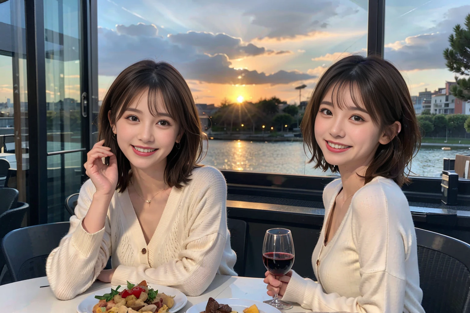 (Realistic:1.1),(masterpiece,Highest quality),8k,(40 years old), 42 years old, slimカップル、Model Couple、actress/actor、Tight waist,Upper Body,full-course dinner、wine 、Amazing view of the sunset sky and clouds、Perfect Anatomy, Brown Hair, short hair,Random Hairstyles,((Highly detailed face and eyes:1.2))(cute顔:1.4),美しいactressの顔,Perfect golden ratio face,Long sleeve shirt、dress,(smile:1.2)、Shortcuts、cute、(Realistic, Intricate details:1.2), A bright smile、short hair,Bright Face、赤wine 、Appetizers、Italian food、wine bottle、Champagne、スパークリングwine、(slimな顔), (The body is slim), (Brown Hair), (Shortcuts), Upper Body, 白wine, slim, wineグラス,