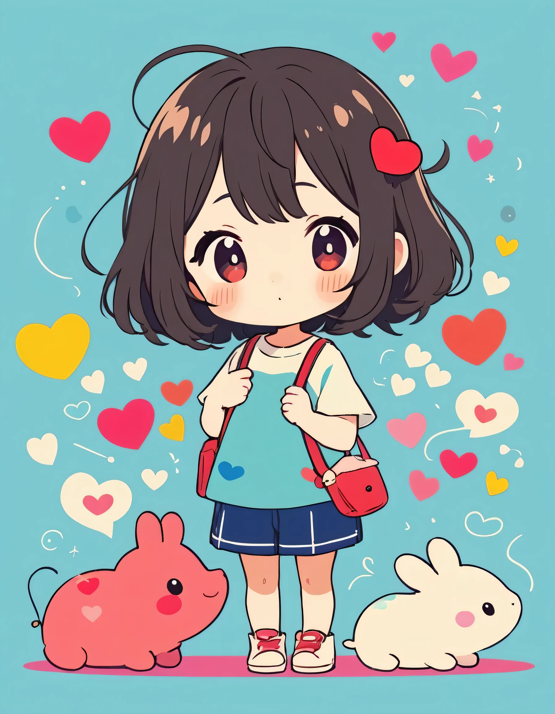 Makoto Shinkai colorful style, Simple Line Initialism,Abstract art,Kawaii Design, The most beautiful girl of all time、chibi, (((Cute pillbugs))), colorful hearts, summer version