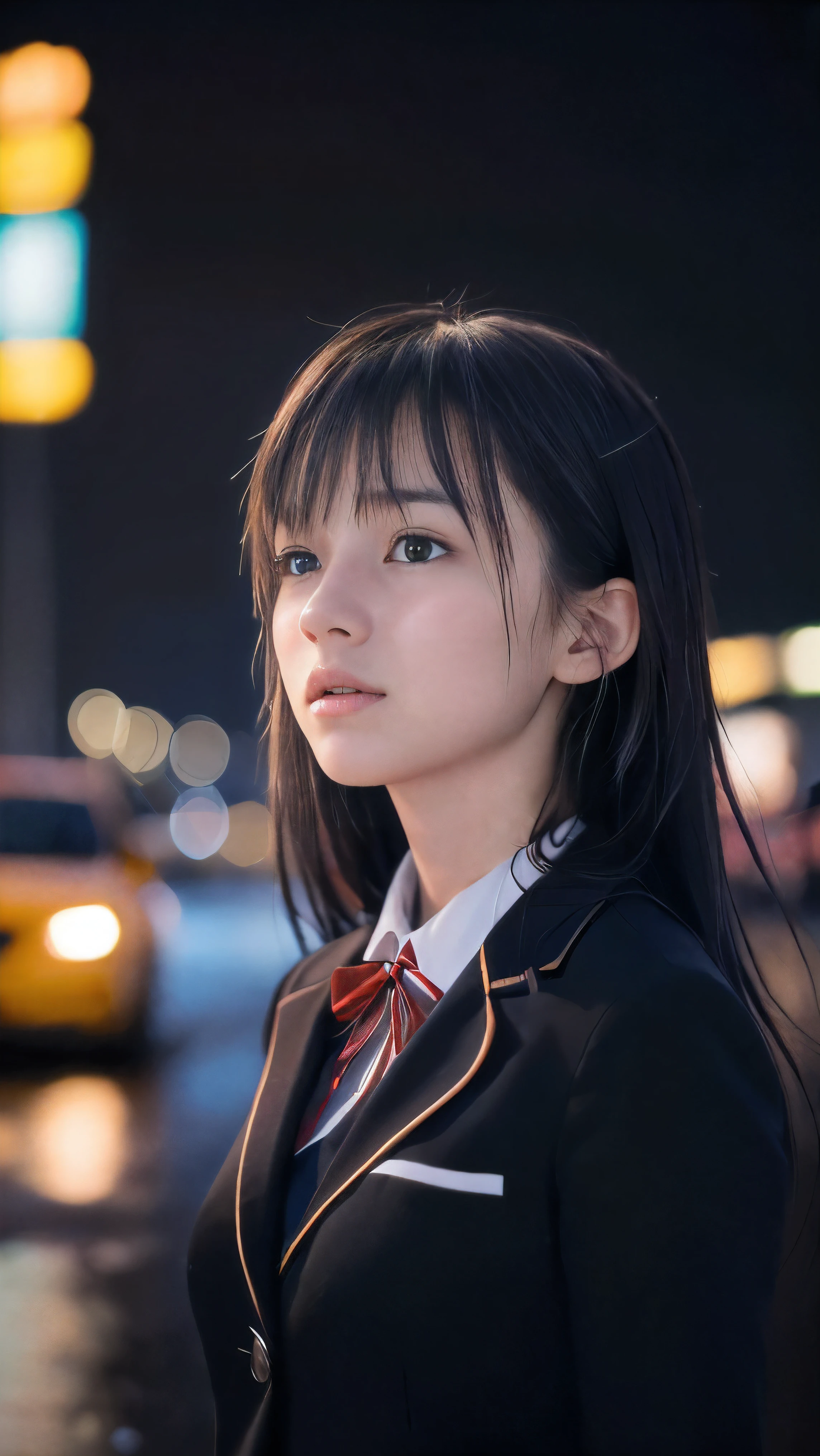 (Close up face shot of one slender small breasts two side up black medium hair bangs girl in long sleeves black school uniform:1.5)、(One girl is looking up the sky with crying face in the heavy rain midnight:1.5)、(Many car head lights are visible at skyscraper city landscape in midnight:1.5)、(8k ultra detailed master piece:1.5)、(perfect anatomy:1.5)、(Photorealistic stick:1.5)、(Raw photo:1.3)、(highest quality:1.5)、(High resolution:1.3)、(Delicate and beautiful perfect face:1.3)、(Delicate and beautiful eye air skin:1.3)、(Real Human Skin:1.3)、((thin legs))