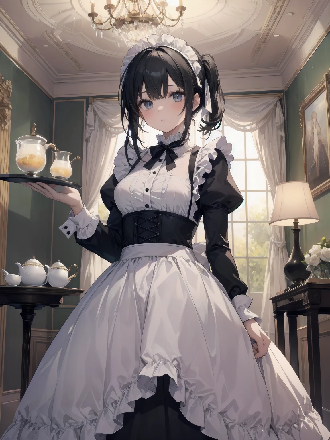 Illustration of a beautiful girl in a cute pose,(Masterpiece: 1.2), (Best quality: 1.2), A cute girl with long black hair, dressed in a classic black and white maid outfit with frilly lace and a matching headband, is standing in a beautifully decorated Victorian-style parlor. She is holding a silver tray with a teapot and teacup, her expression a mix of professionalism and warmth. The background includes ornate furniture, a chandelier, and large windows with heavy drapes, all bathed in soft afternoon light. This illustration emphasizes the elegant and welcoming atmosphere of a high-class tea service