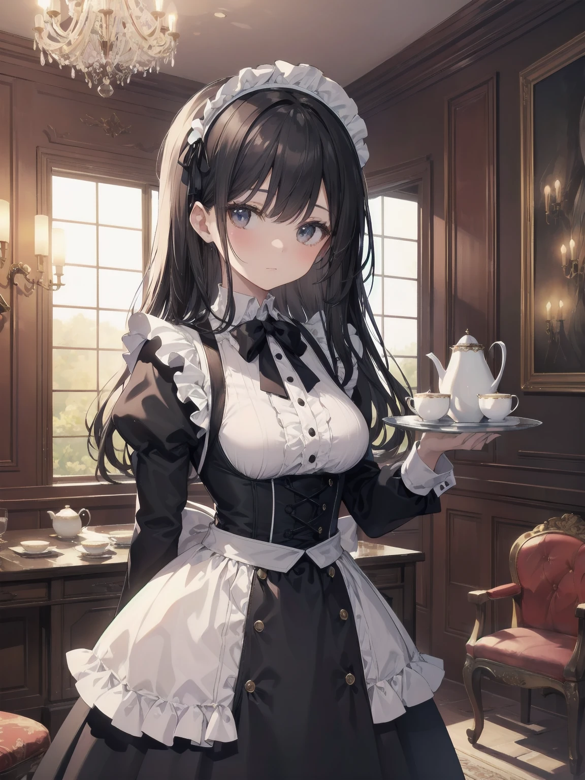 Illustration of a beautiful girl in a cute pose,(Masterpiece: 1.2), (Best quality: 1.2), A cute girl with long black hair, dressed in a classic black and white maid outfit with frilly lace and a matching headband, is standing in a beautifully decorated Victorian-style parlor. She is holding a silver tray with a teapot and teacup, her expression a mix of professionalism and warmth. The background includes ornate furniture, a chandelier, and large windows with heavy drapes, all bathed in soft afternoon light. This illustration emphasizes the elegant and welcoming atmosphere of a high-class tea service