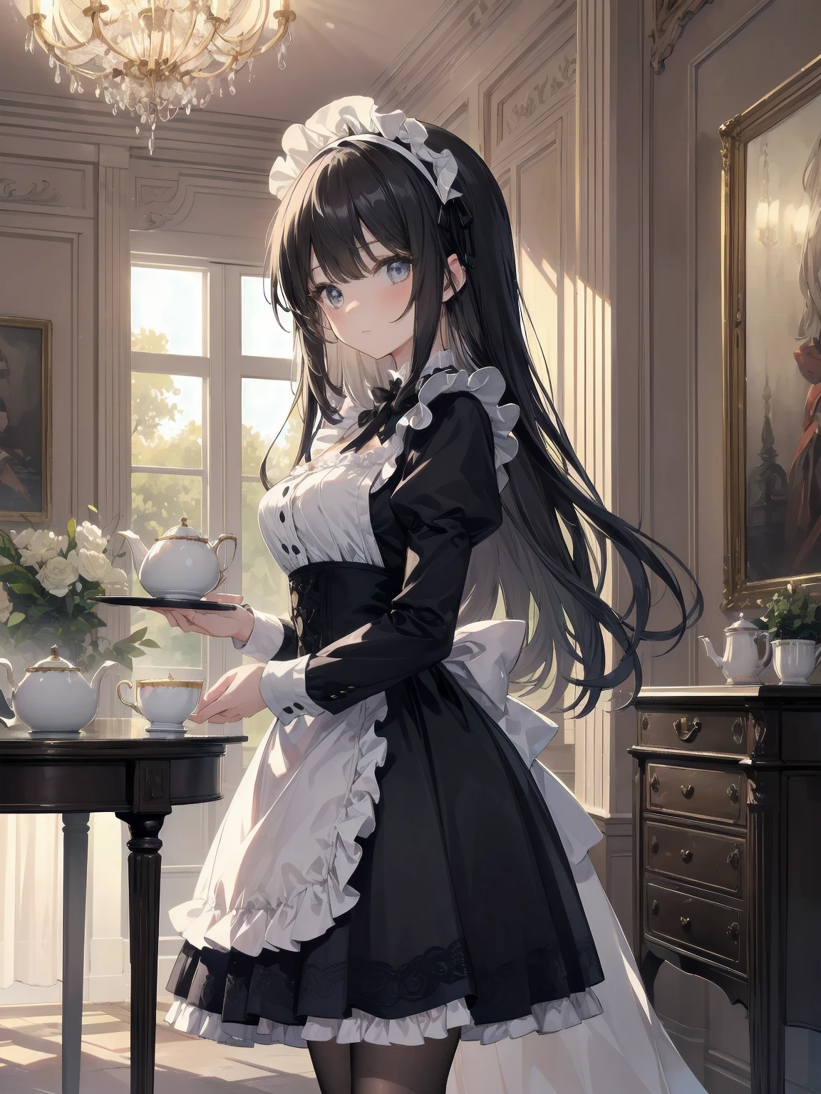 Illustration of a beautiful girl in a cute pose,(Masterpiece: 1.2), (Best quality: 1.2), A cute girl with long black hair, dressed in a classic black and white maid outfit with frilly lace and a matching headband, is standing in a beautifully decorated Victorian-style parlor. She is holding a silver tray with a teapot and teacup, her expression a mix of professionalism and warmth. The background includes ornate furniture, a chandelier, and large windows with heavy drapes, all bathed in soft afternoon light. This illustration emphasizes the elegant and welcoming atmosphere of a high-class tea service