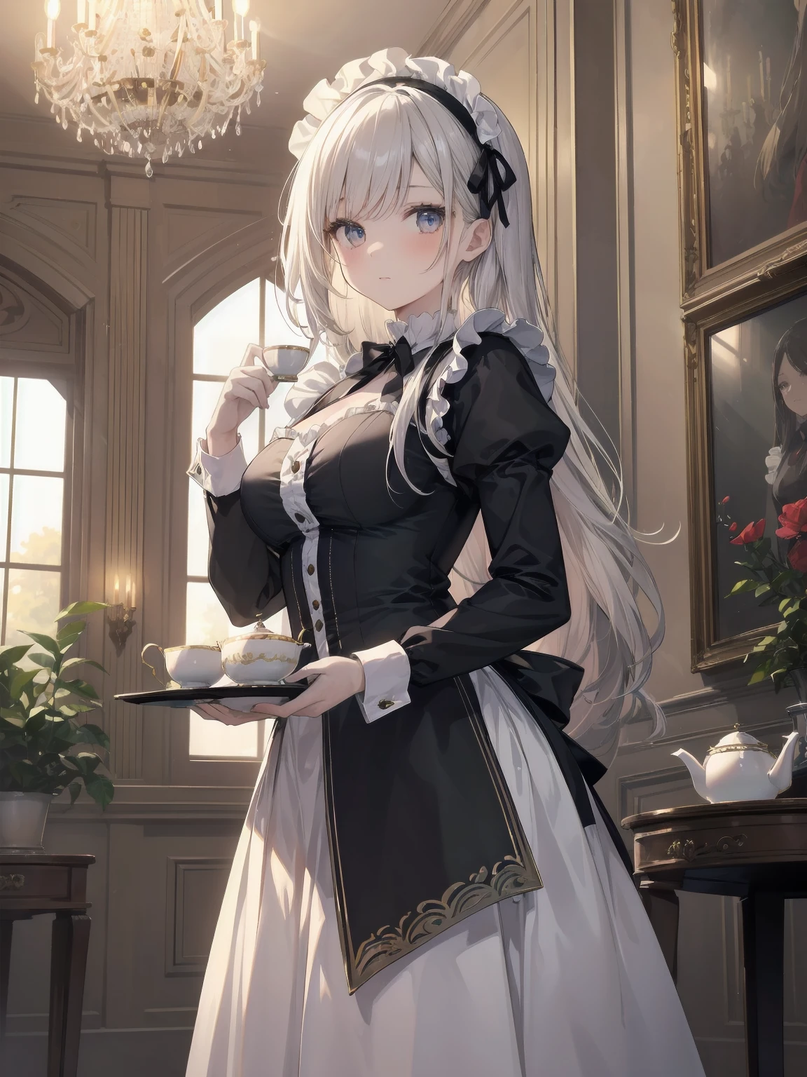 Illustration of a beautiful girl in a cute pose,(Masterpiece: 1.2), (Best quality: 1.2), A cute girl with long black hair, dressed in a classic black and white maid outfit with frilly lace and a matching headband, is standing in a beautifully decorated Victorian-style parlor. She is holding a silver tray with a teapot and teacup, her expression a mix of professionalism and warmth. The background includes ornate furniture, a chandelier, and large windows with heavy drapes, all bathed in soft afternoon light. This illustration emphasizes the elegant and welcoming atmosphere of a high-class tea service