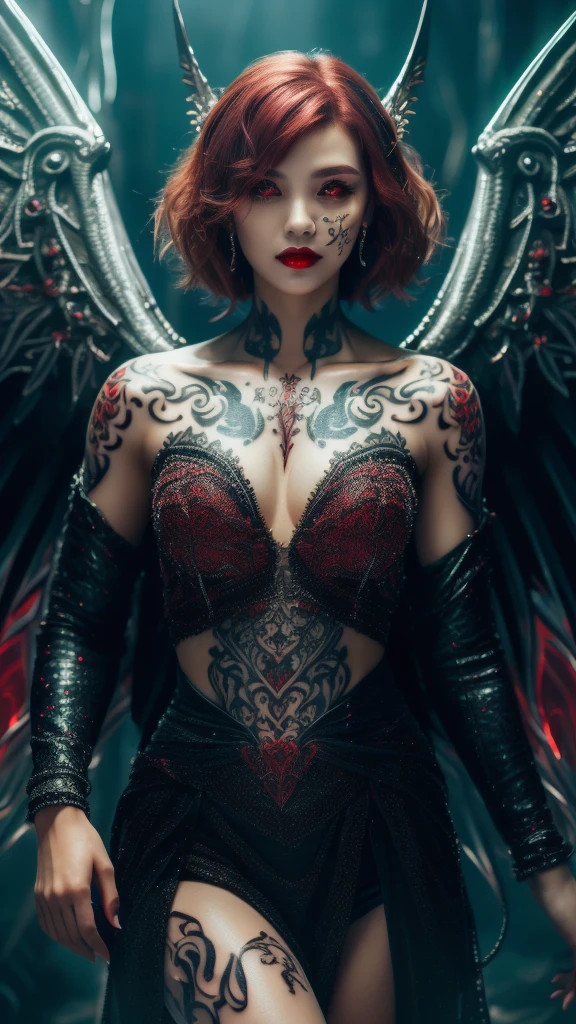 Cute Japanese woman, (), (Very cute face: 1.3), Red lips, White moist skin, Melancholic expression,
BREAK,
(Beautiful belly button), (White skin),
BREAK,
Female superior ancient strigoi vampire, Horror, Angel wings, Black wings, Red jewelry, (Big wings: 1.4), Satan, Hellfire, Full body, Devil, (Flame: 1.2), (Rhinestones),
BREAK,
(Short hair), (Bangs: 1.2), (Red hair: 1.3), (Wavy hair),
BREAK,
(Facial tattoo: 1.4), (Facial rhinestones: 1.1),
BREAK,
Masterpiece, Perfect lighting, Ultra high resolution, 8K, (Very detailed: 1.4), (From the front), Looking at the camera, (Full body),
BREAK,
(Neon lights: 1.2),