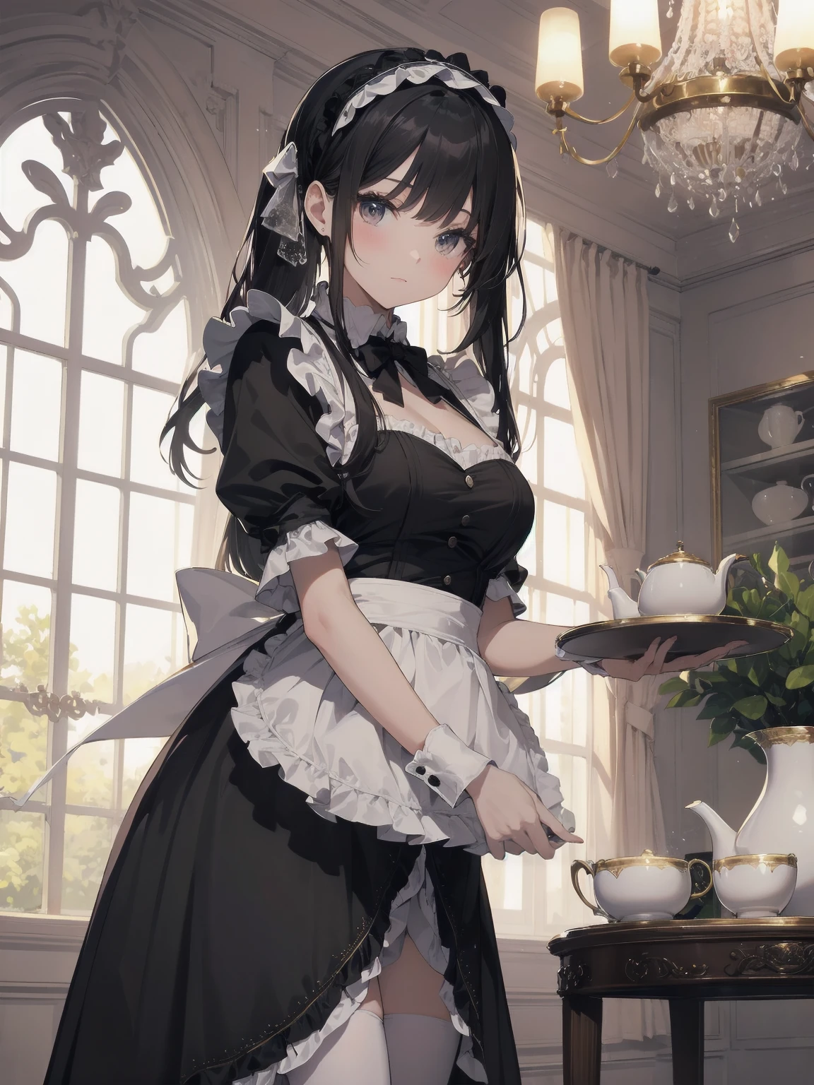 Illustration of a beautiful girl in a cute pose,(Masterpiece: 1.2), (Best quality: 1.2), A cute girl with long black hair, dressed in a classic black and white maid outfit with frilly lace and a matching headband, is standing in a beautifully decorated Victorian-style parlor. She is holding a silver tray with a teapot and teacup, her expression a mix of professionalism and warmth. The background includes ornate furniture, a chandelier, and large windows with heavy drapes, all bathed in soft afternoon light. This illustration emphasizes the elegant and welcoming atmosphere of a high-class tea service