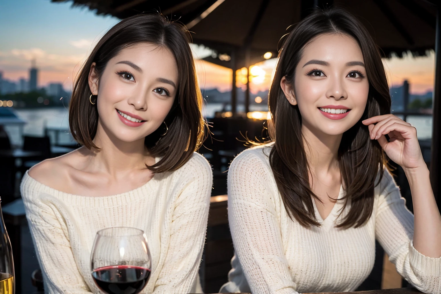 (Realistic:1.1),(masterpiece,Highest quality),8k,(40 years old), 42 years old, slimカップル、Model Couple、actress/actor、Tight waist,Upper Body,full-course dinner、wine 、Amazing view of the sunset sky and clouds、Perfect Anatomy, Brown Hair, short hair,Random Hairstyles,((Highly detailed face and eyes:1.2))(cute顔:1.4),美しいactressの顔,Perfect golden ratio face,Long sleeve shirt、dress,(smile:1.2)、Shortcuts、cute、(Realistic, Intricate details:1.2), A bright smile、short hair,Bright Face、赤wine 、Appetizers、Italian food、wine bottle、Champagne、スパークリングwine、(slimな顔), (The body is slim), (Brown Hair), (Shortcuts), Upper Body, 白wine, slim, wineグラス,