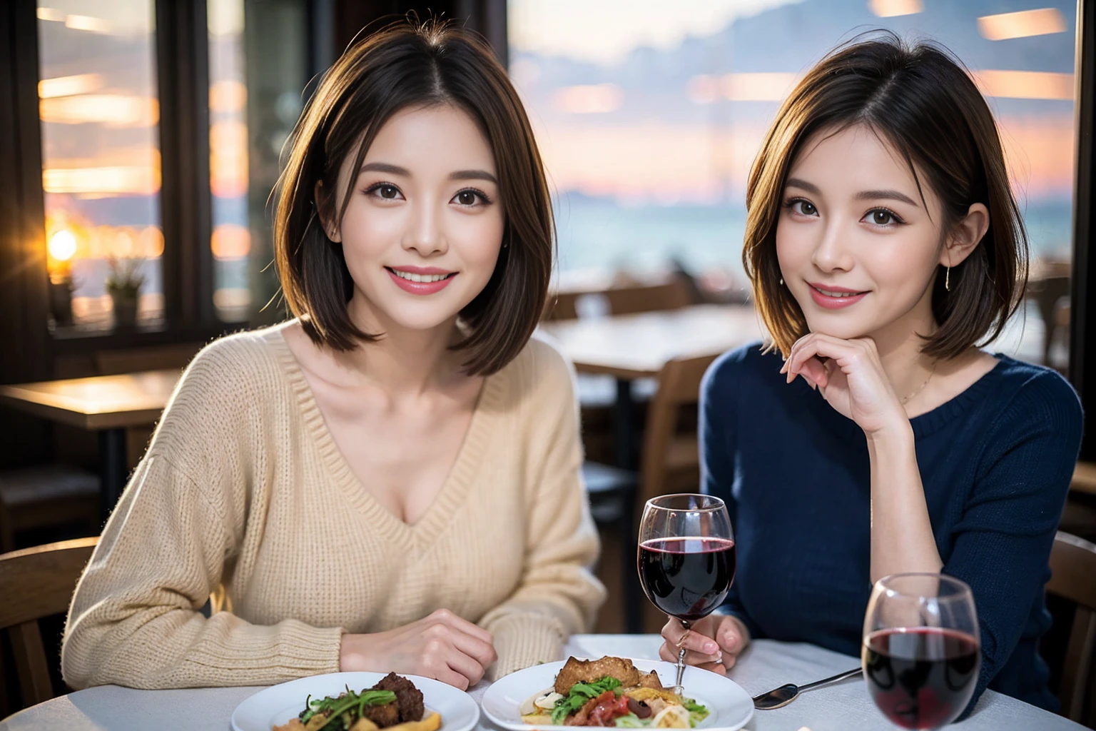 (Realistic:1.1),(masterpiece,Highest quality),8k,(40 years old), 42 years old, slimカップル、Model Couple、actress/actor、Tight waist,Upper Body,full-course dinner、wine 、Amazing view of the sunset sky and clouds、Perfect Anatomy, Brown Hair, short hair,Random Hairstyles,((Highly detailed face and eyes:1.2))(cute顔:1.4),美しいactressの顔,Perfect golden ratio face,Long sleeve shirt、dress,(smile:1.2)、Shortcuts、cute、(Realistic, Intricate details:1.2), A bright smile、short hair,Bright Face、赤wine 、Appetizers、Italian food、wine bottle、Champagne、スパークリングwine、(slimな顔), (The body is slim), (Brown Hair), (Shortcuts), Upper Body, 白wine, slim, wineグラス,