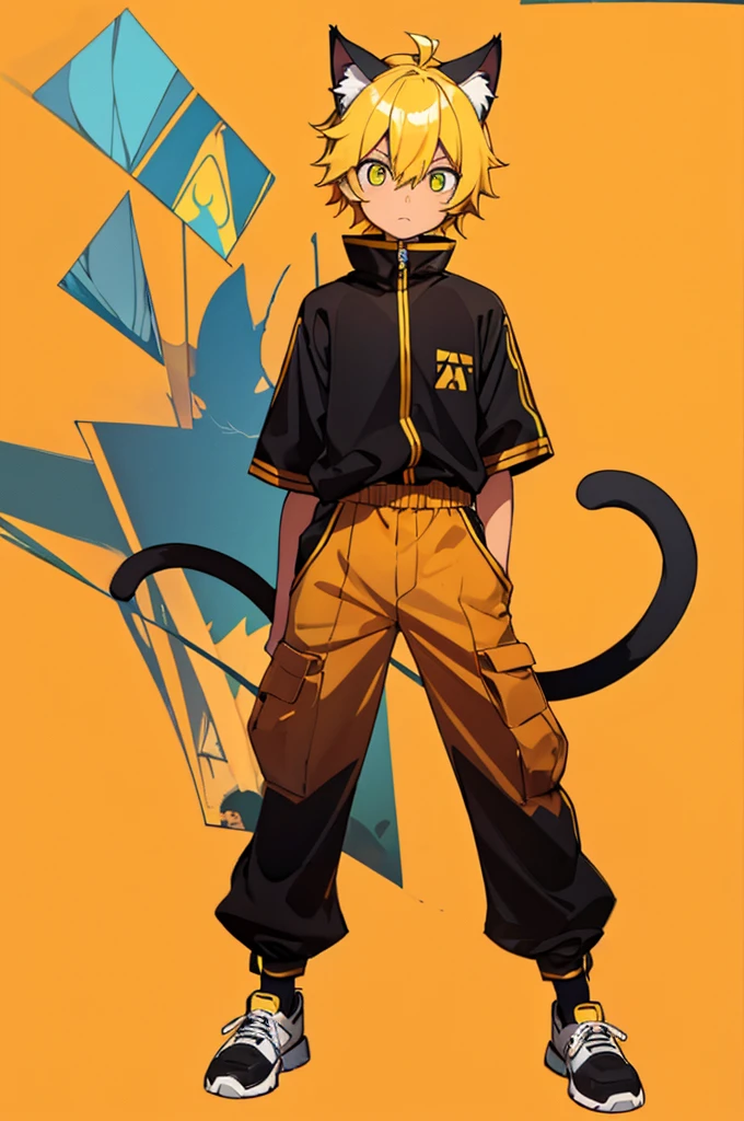 masterpiece, top-quality, 1boy, full body, unamused expression, looking at the camera, yellow hair, cat ears, cat tail, tan skin, medium length hair, black and yellow outfit, yellow background