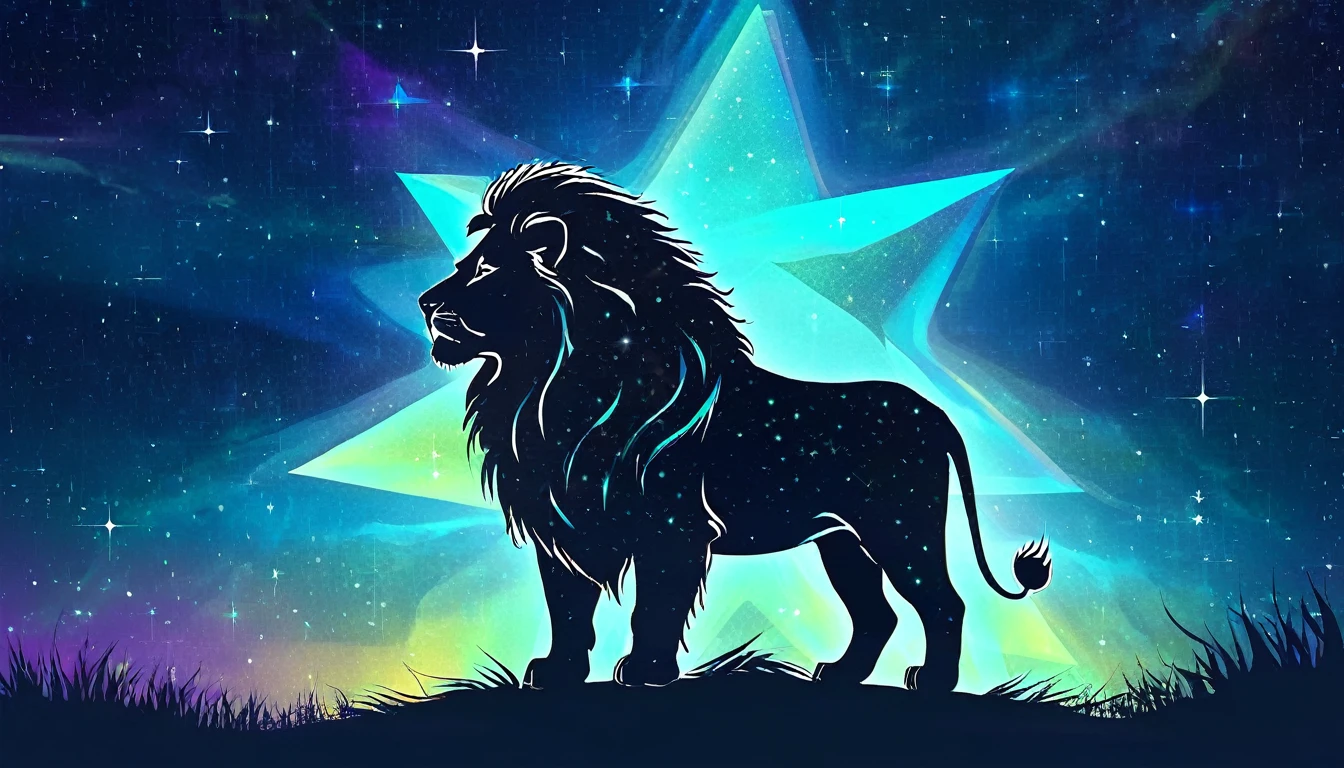 a lion silhouette composed by bright stars. Cosmic background