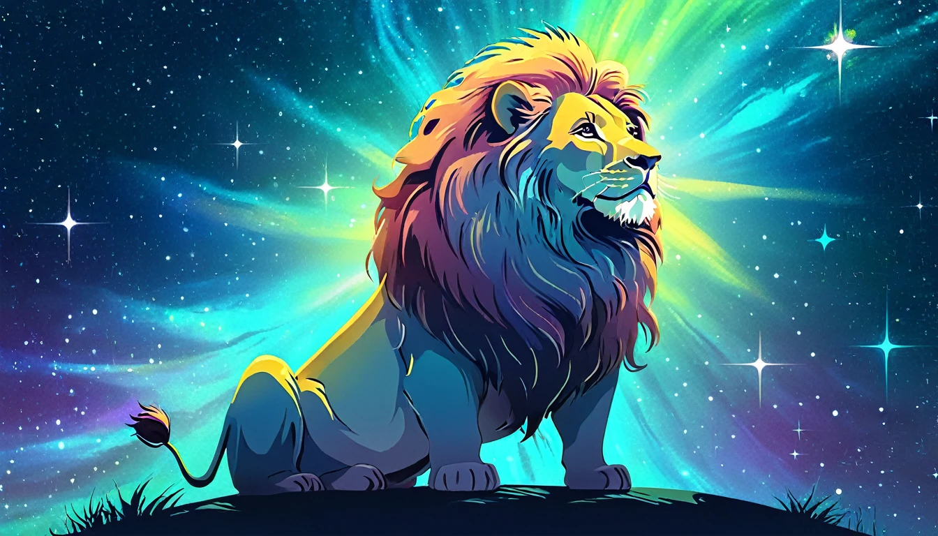 a lion silhouette composed by bright stars. Cosmic background